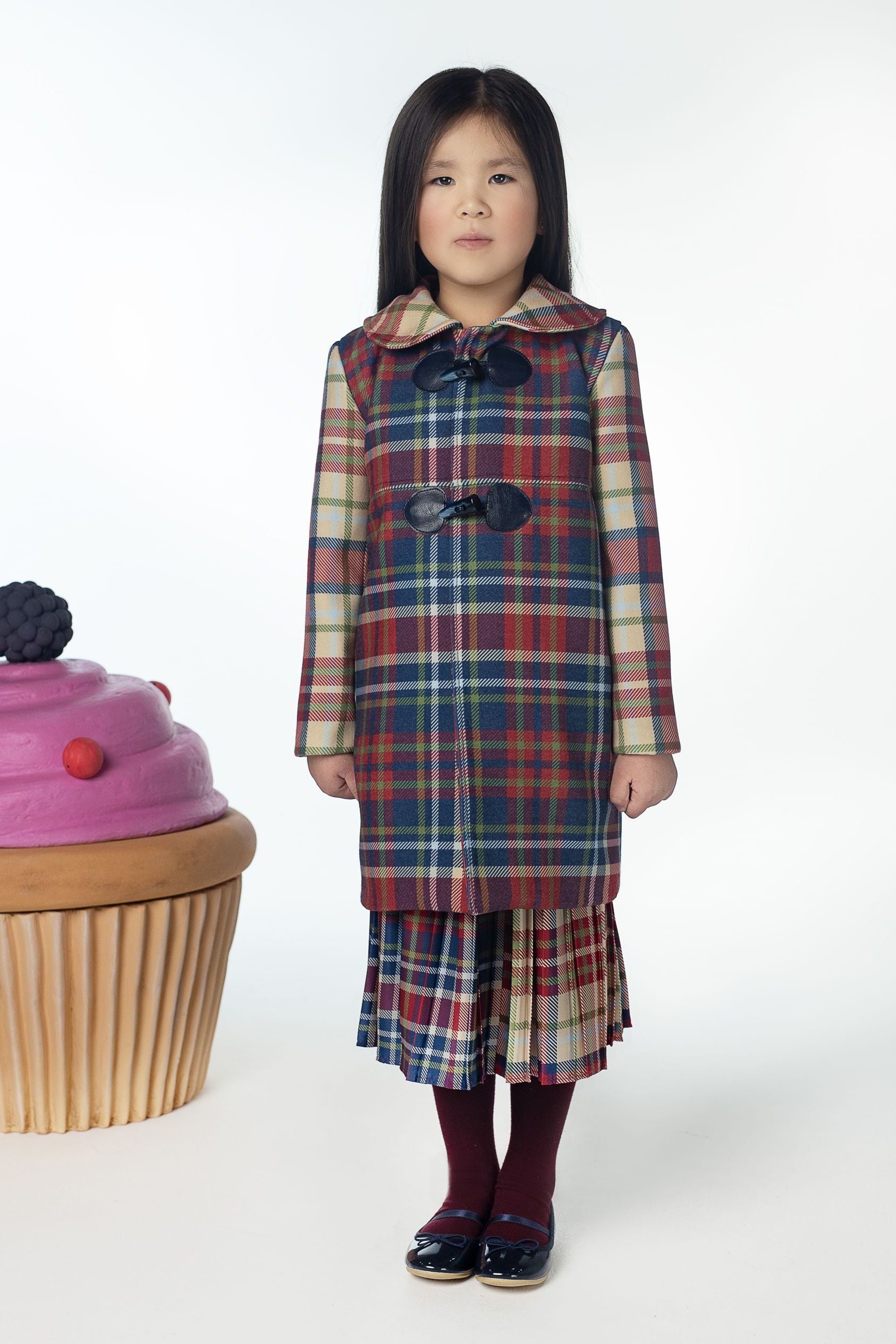 Checkered red, blue and green coat