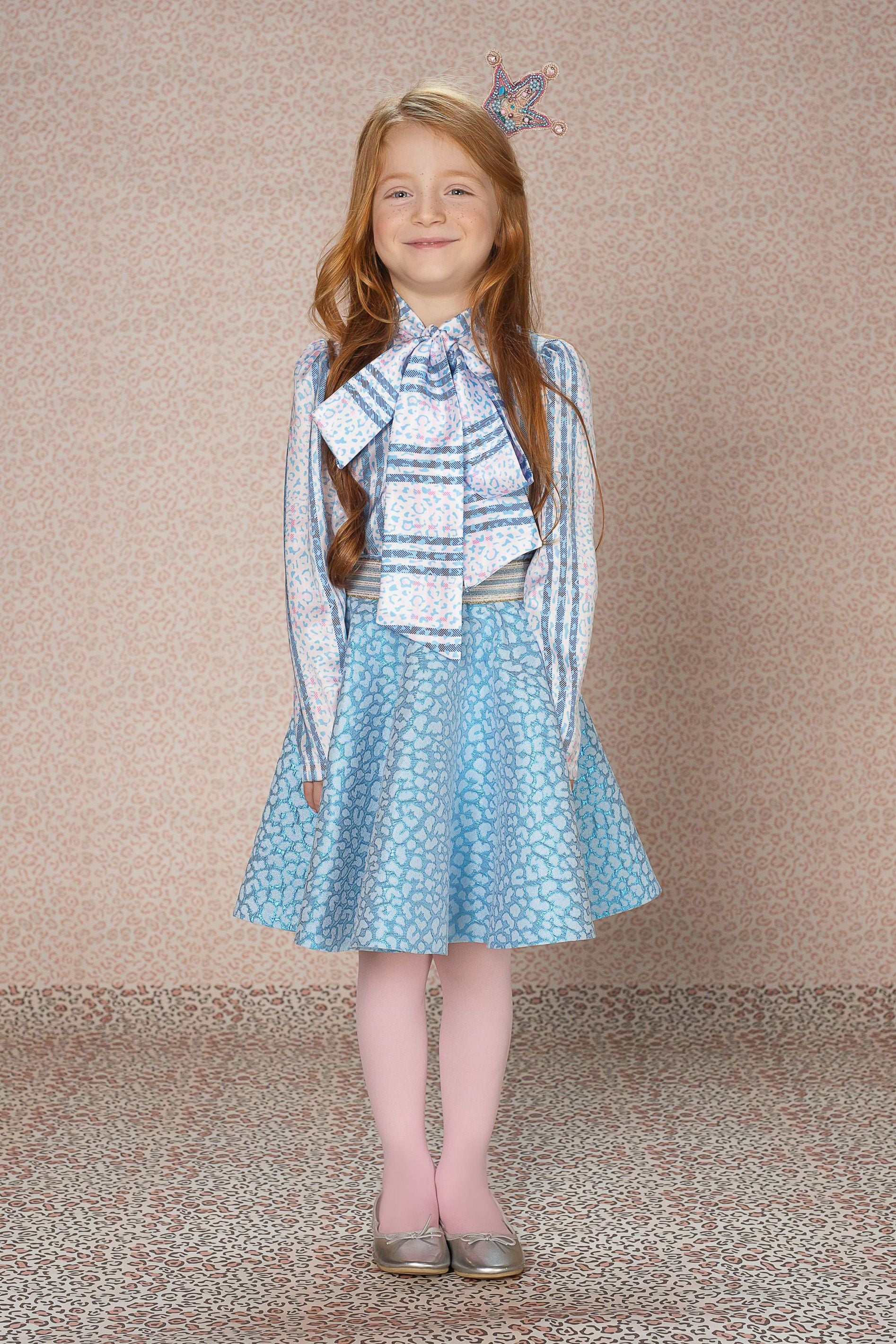 Blue animal print shirt with bow