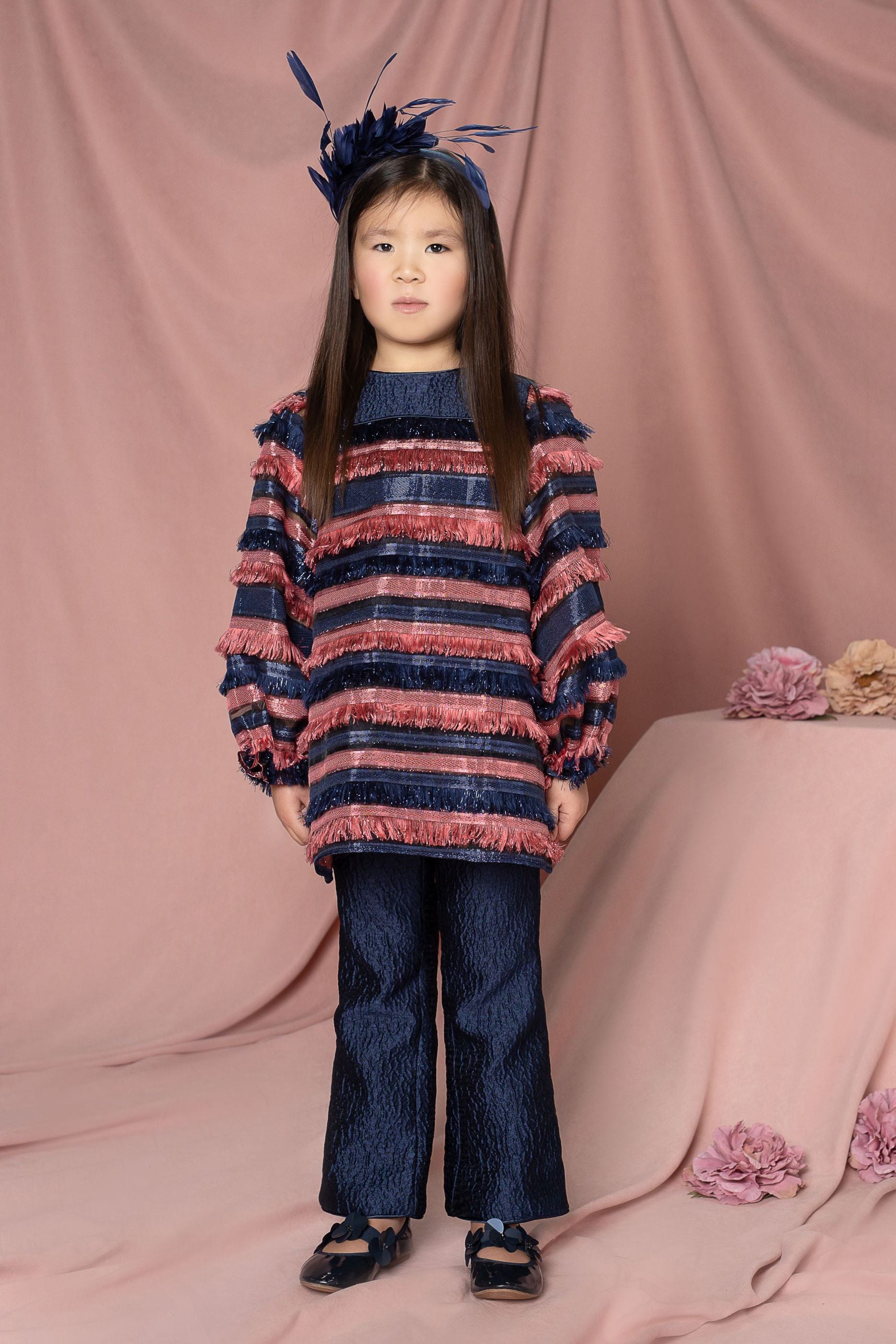 Blue and coral fringes tunic and jacquard trousers set