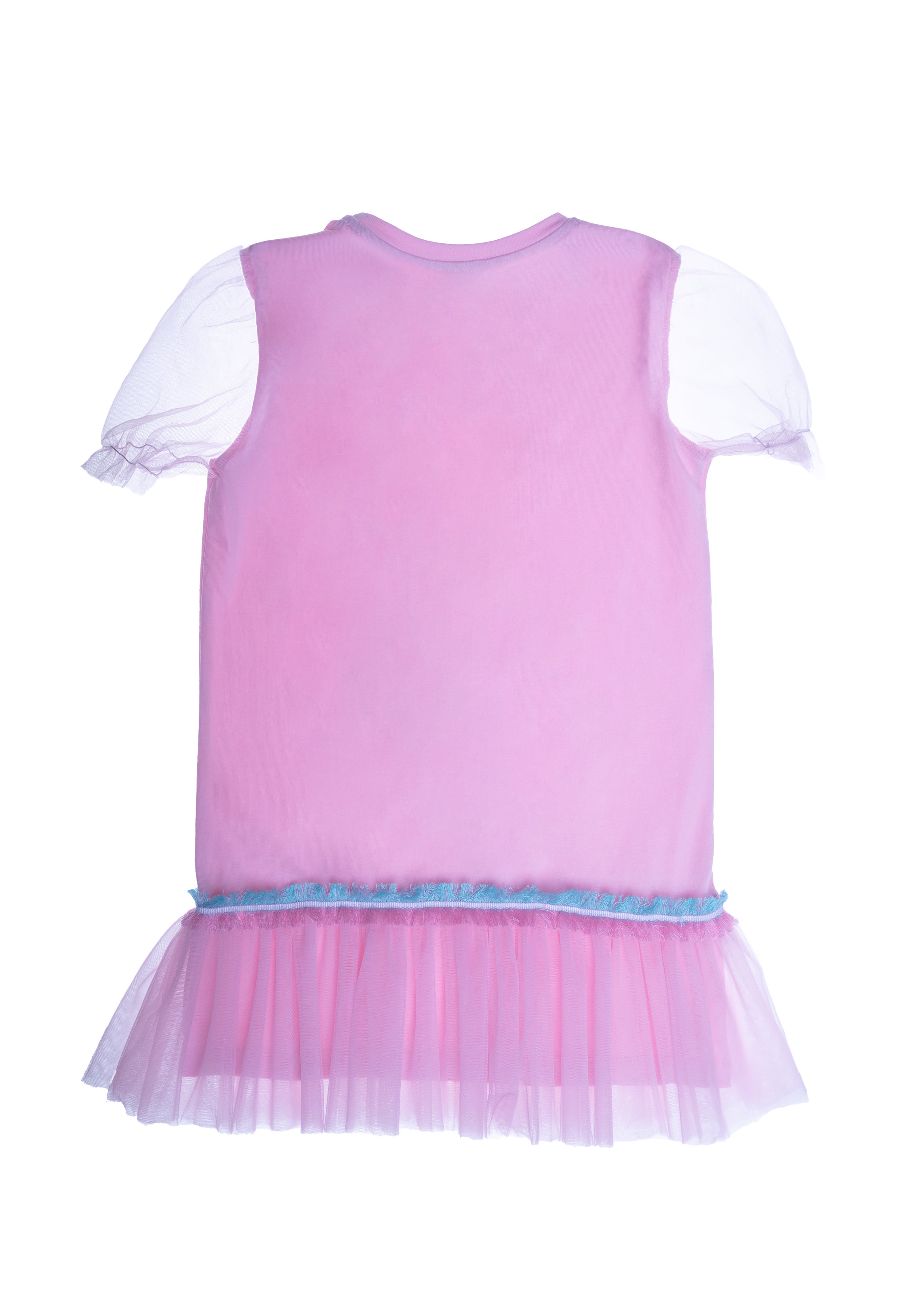 Pink jersey tunic dress with hand-embellished unicorn and tulle sleeves and frills