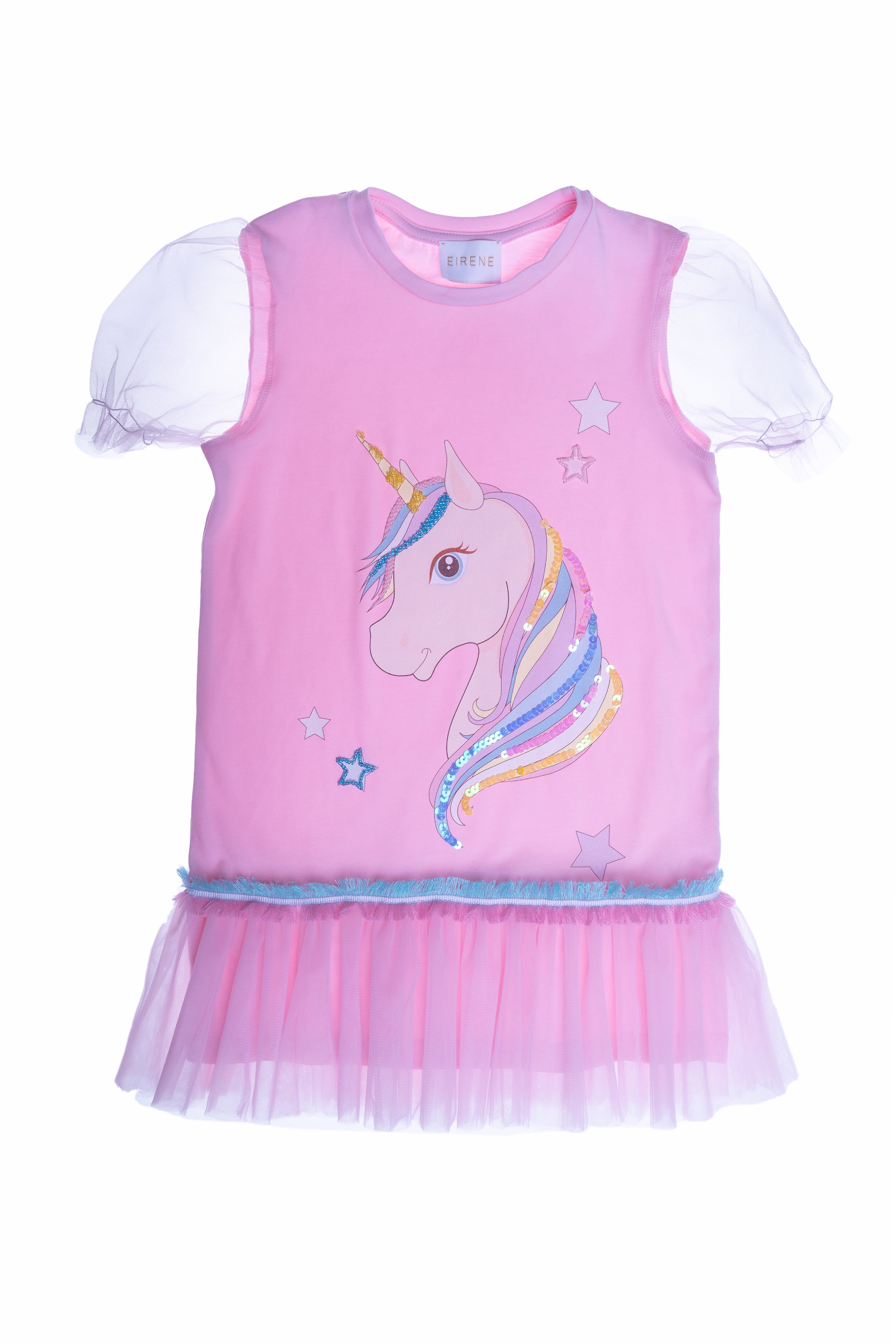 Pink jersey tunic dress with hand-embellished unicorn and tulle sleeves and frills