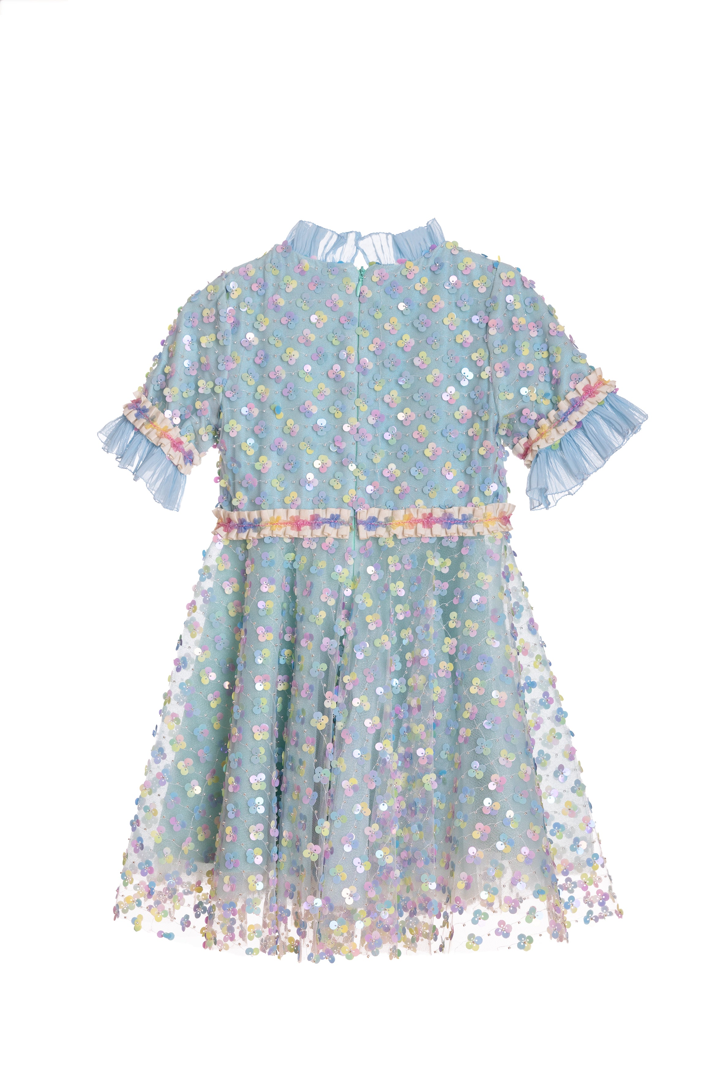 Blue sequin dress with chiffon frills