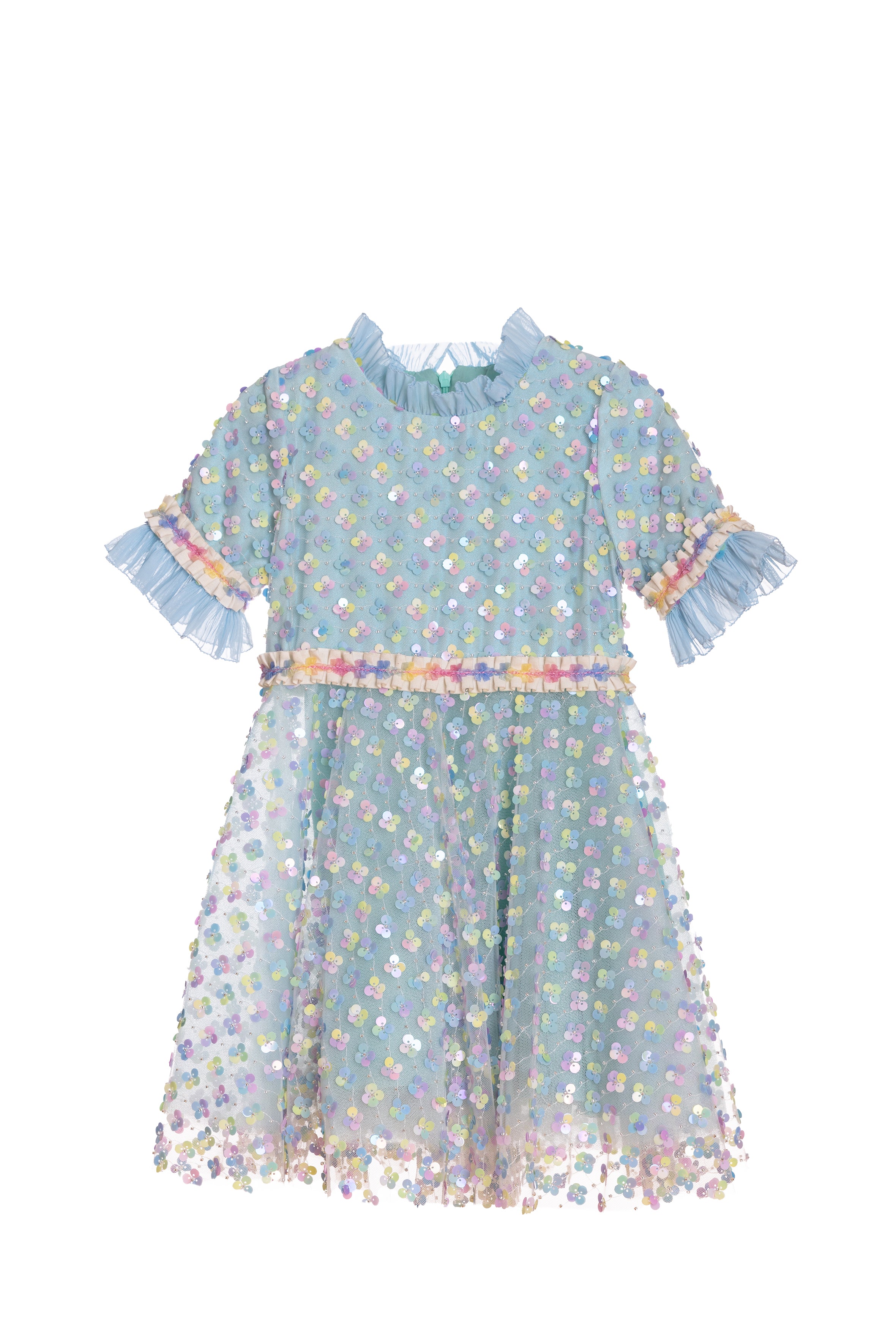 Blue sequin dress with chiffon frills