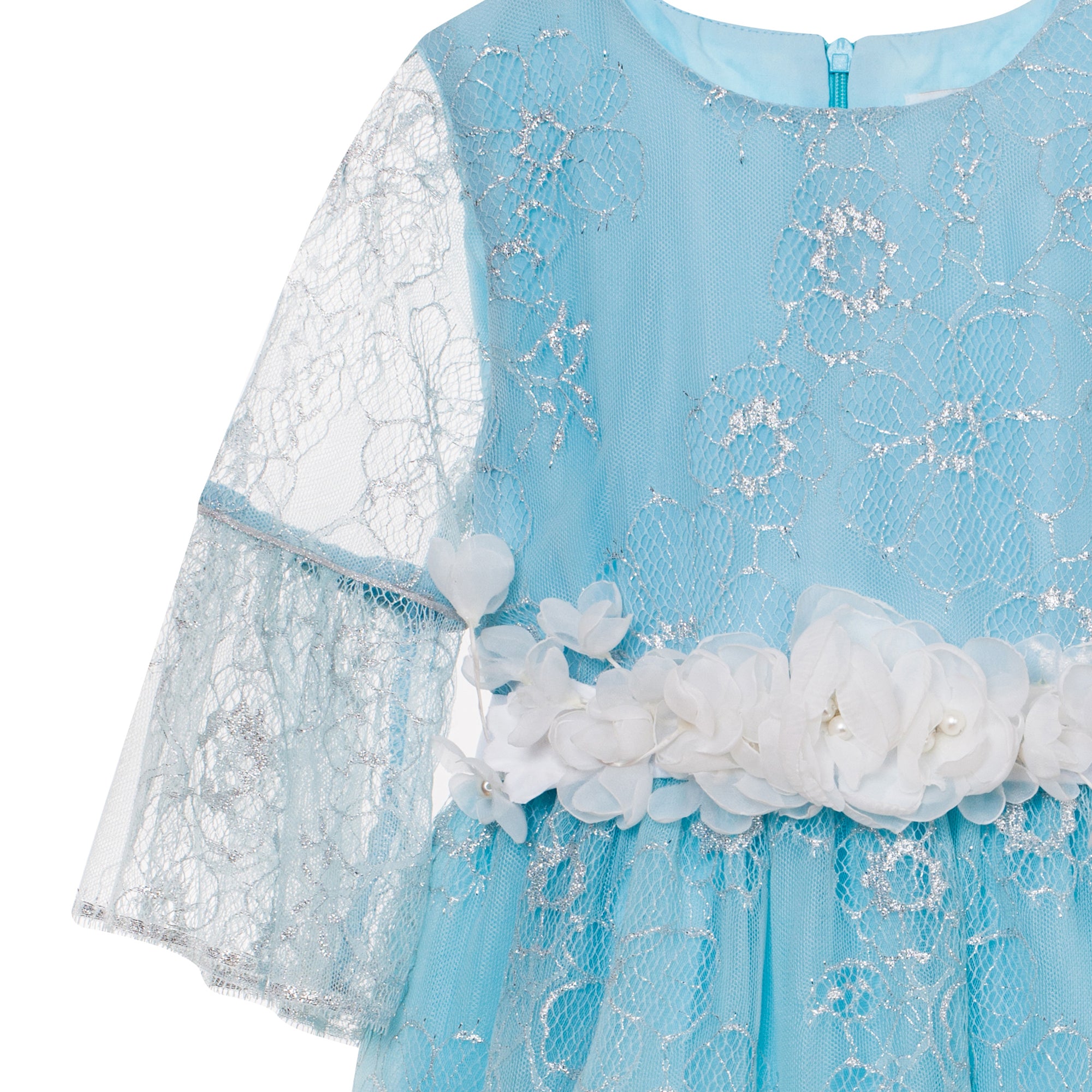 Baby blue and silver lace dress with white flower
