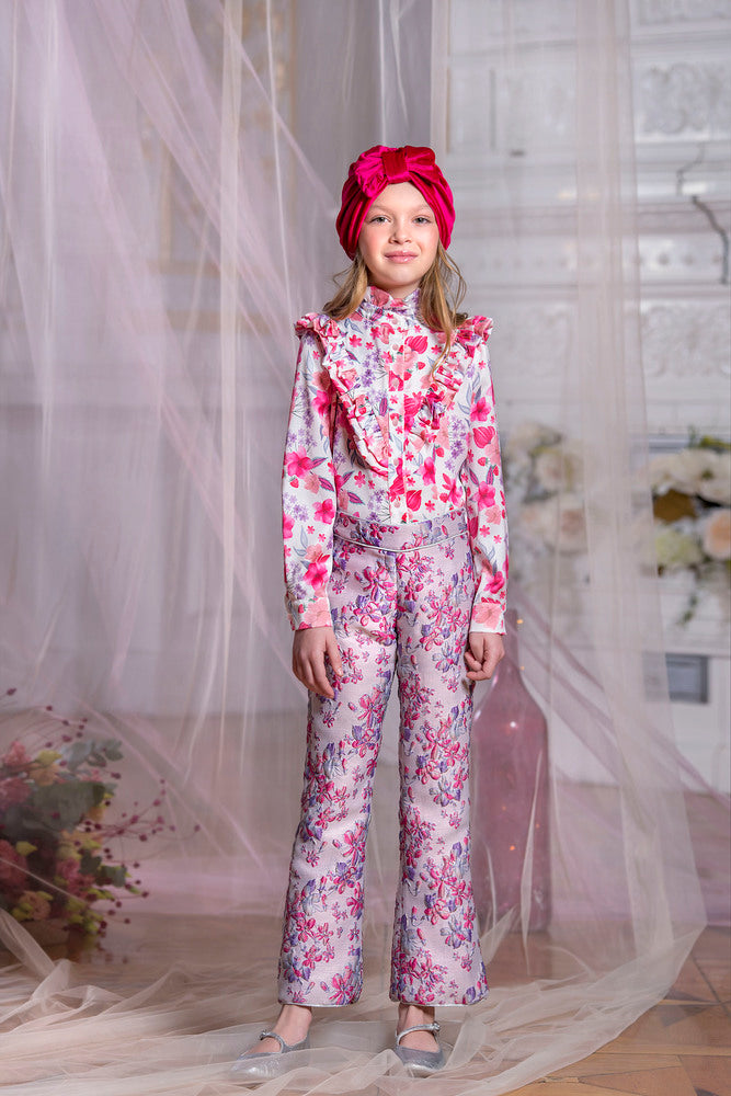 Pink floral jacquard trousers