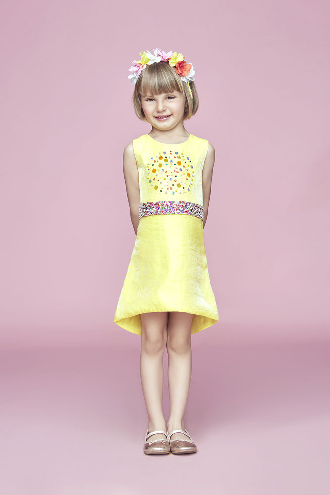 Yellow dress with multi-color sequin waistband and sequin embellishment