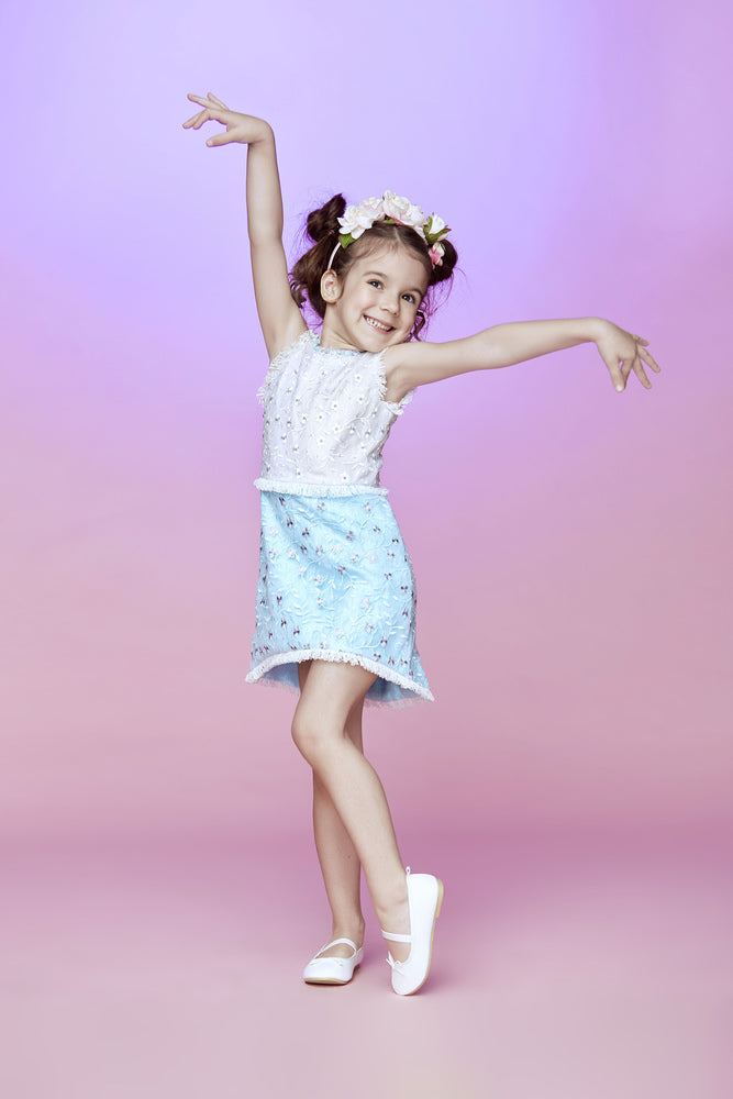 White and blue lace dress with fringes and Swarovski crystals