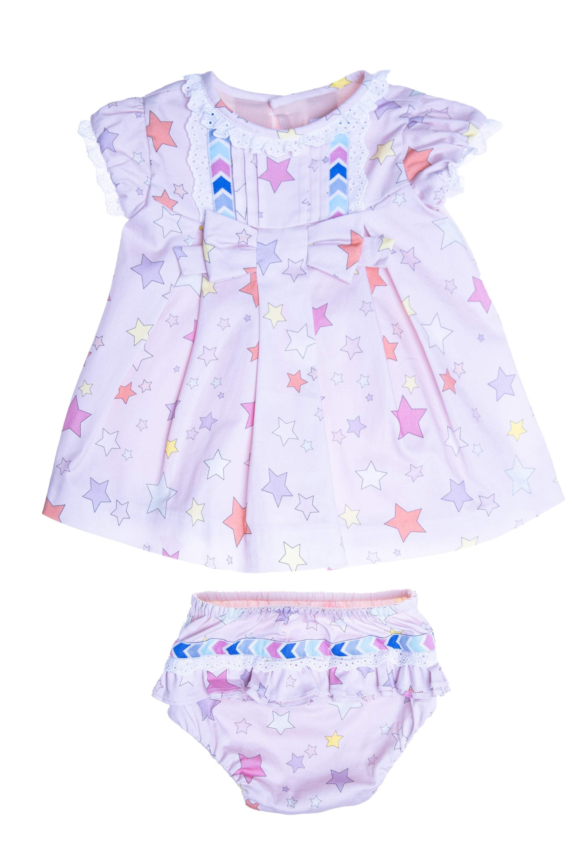 Baby pink stars satin cotton dress with bow