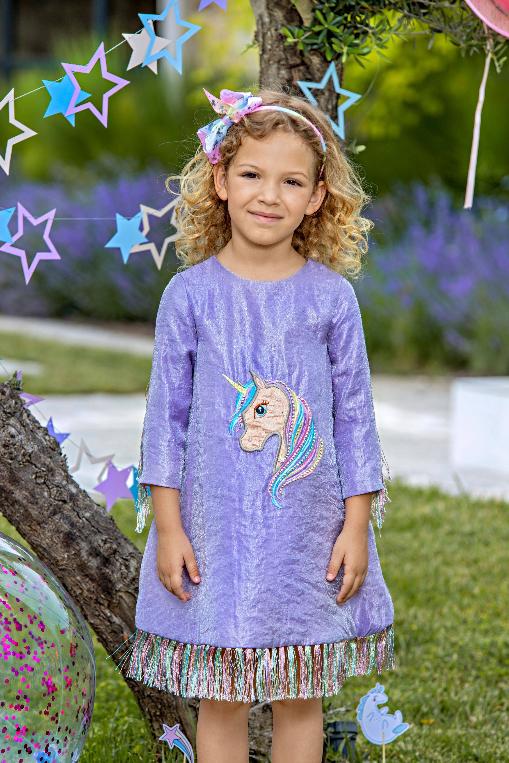 Violet dress with unicorn embroidery, fringes without Swarovski crystals
