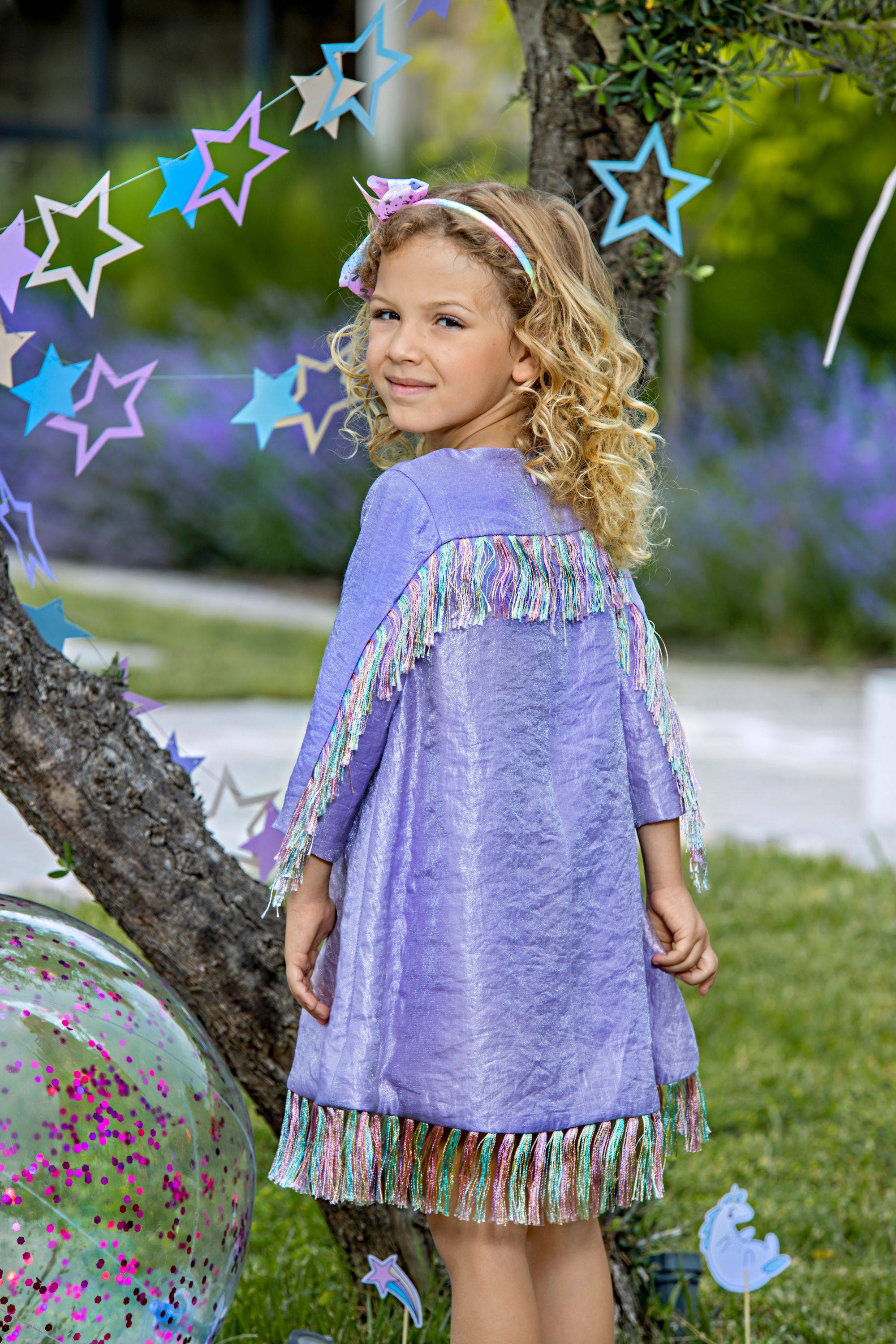 Violet dress with unicorn embroidery, fringes without Swarovski crystals