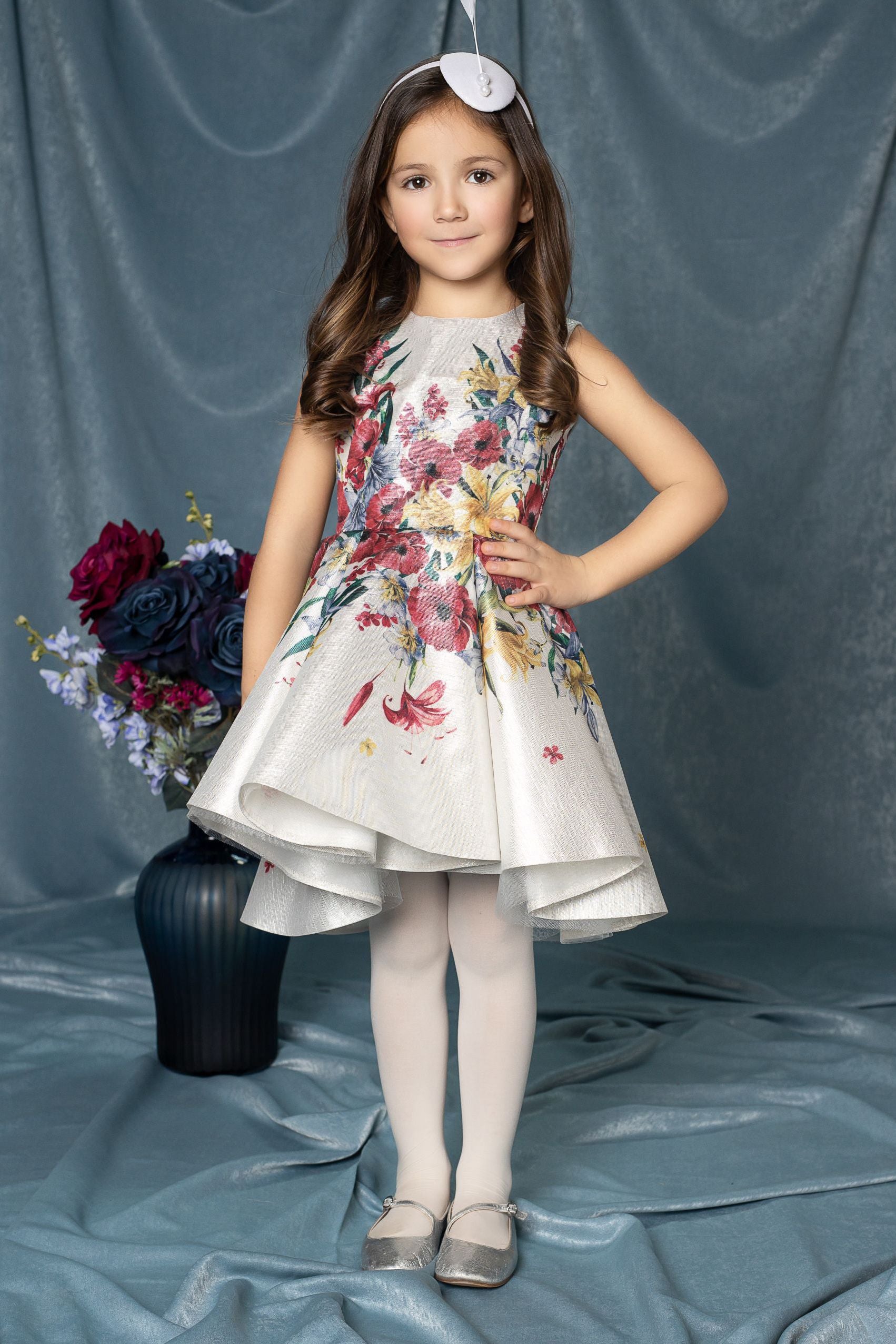 White shimmering floral asymmetrical dress