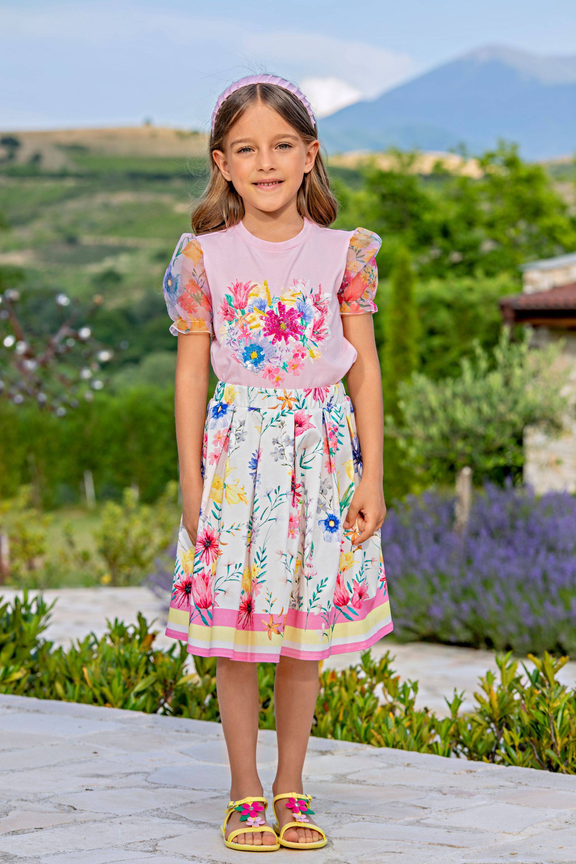 Light pink bright flowers satin cotton skirt