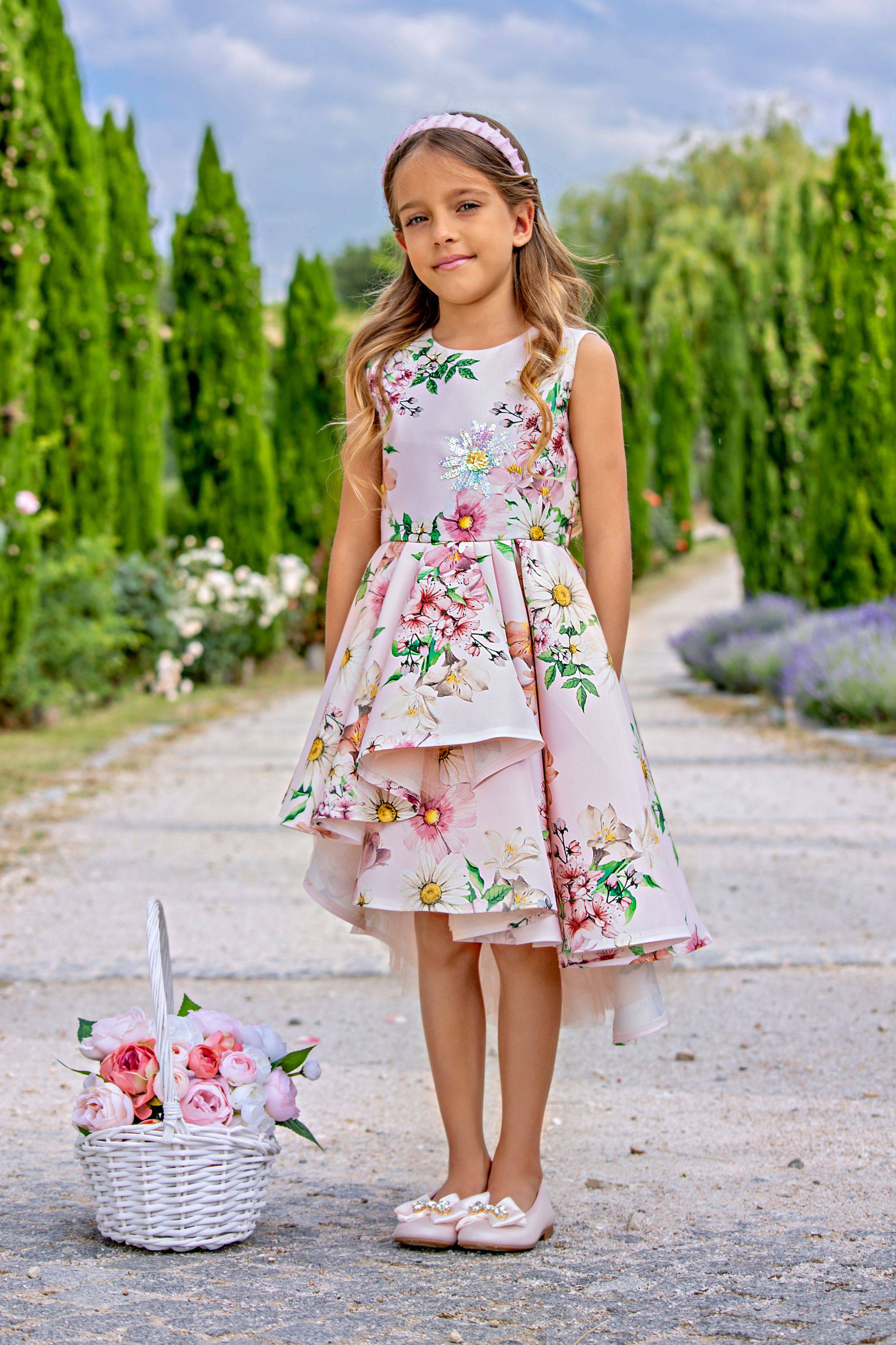 Light pink satin floral asymmetrical dress with hand-embellishments Light pink satin floral asymmetrical dress with hand-embellishments