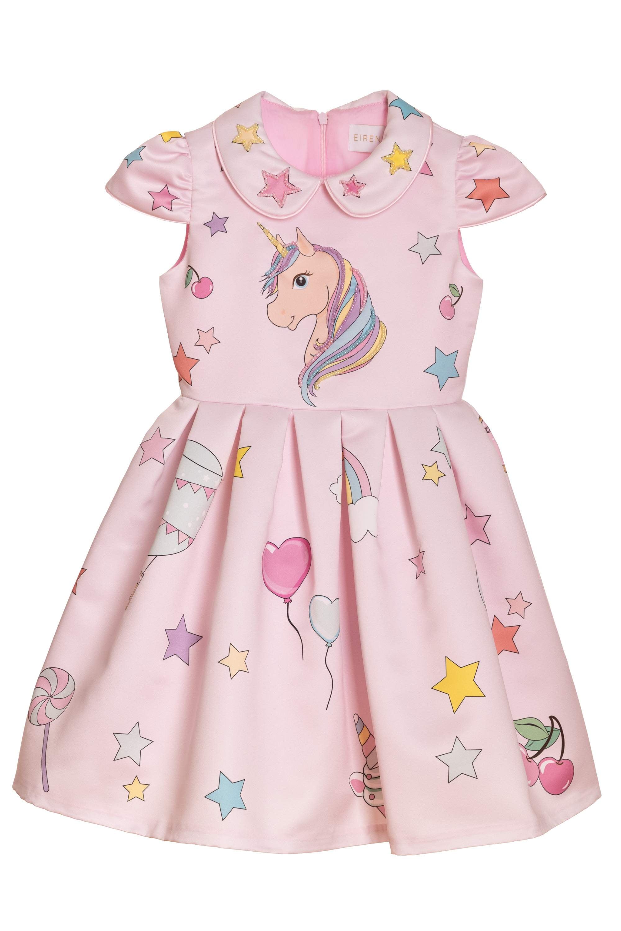 فستان وحيد القرن باللون الوردي الباهت مع طوق وزخارف يدوية