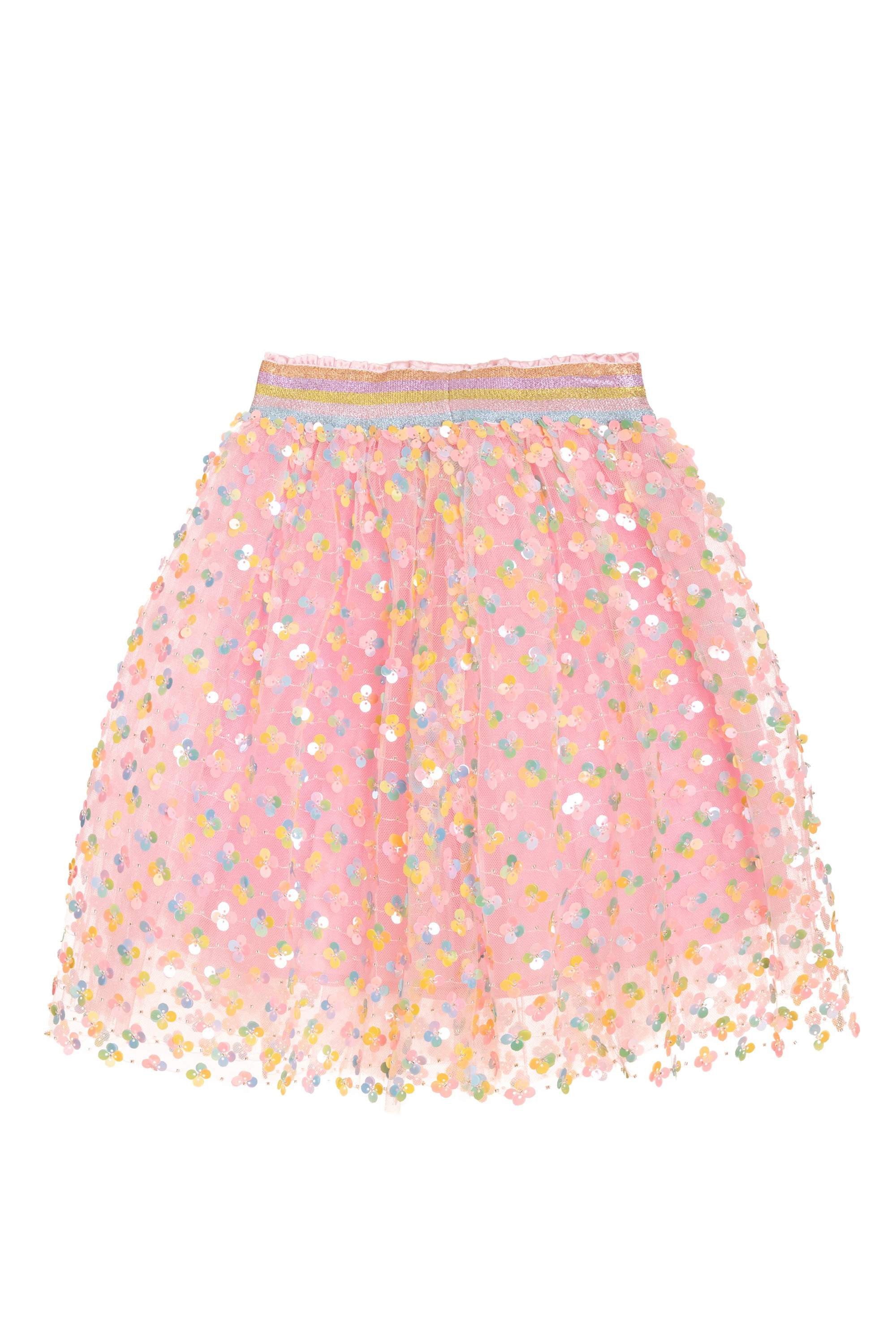 تنورة من التول الوردي مع خصر مرن متعدد الألوان