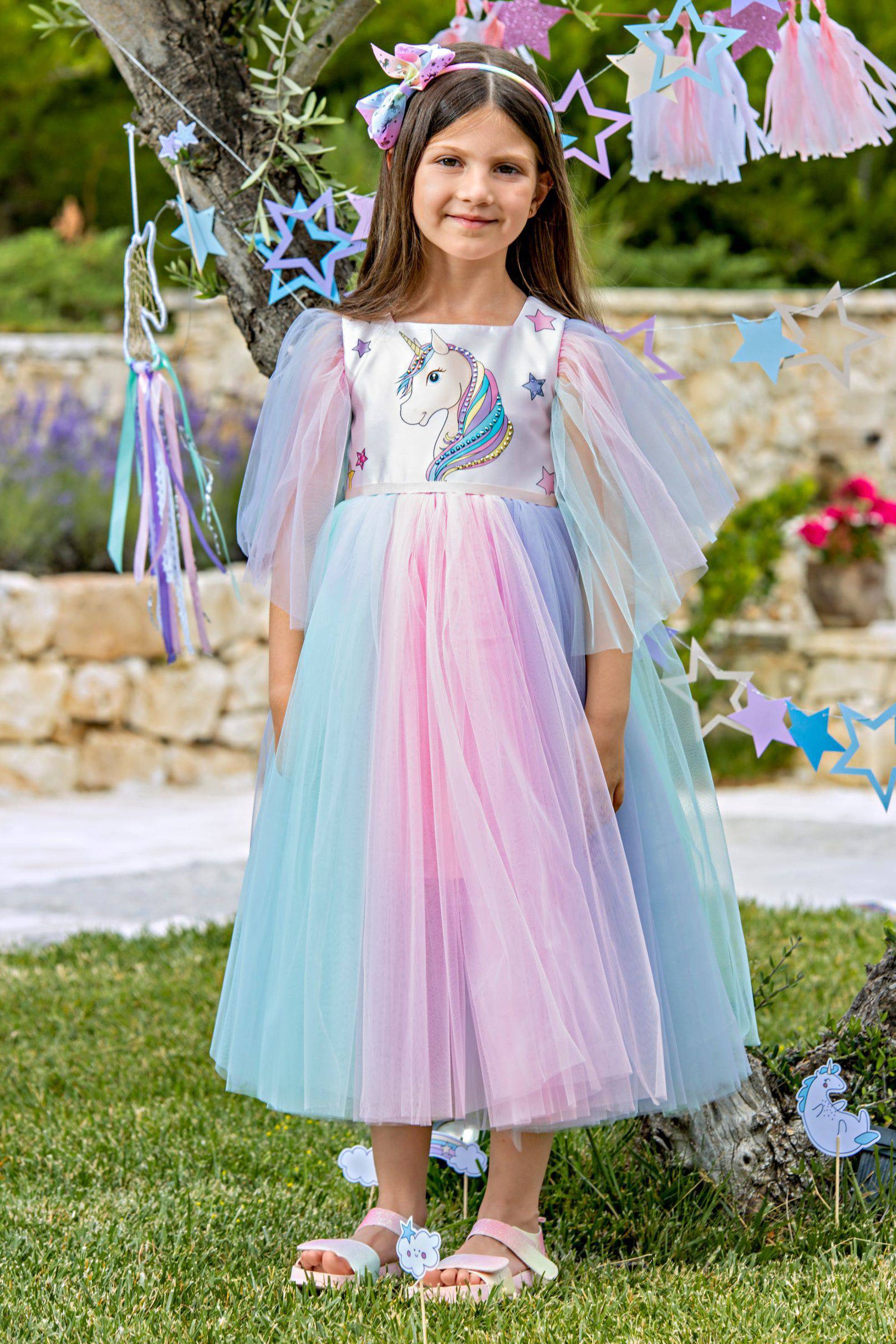 Pink unicorn dress with multi-color tulle and Swarovski crytsals