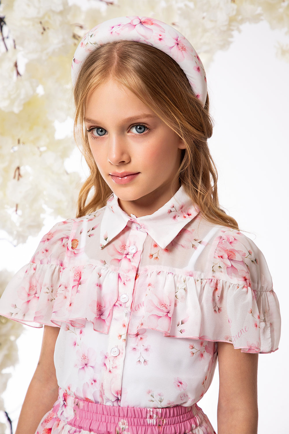 White chiffon shirt with pink flowers and white camisole