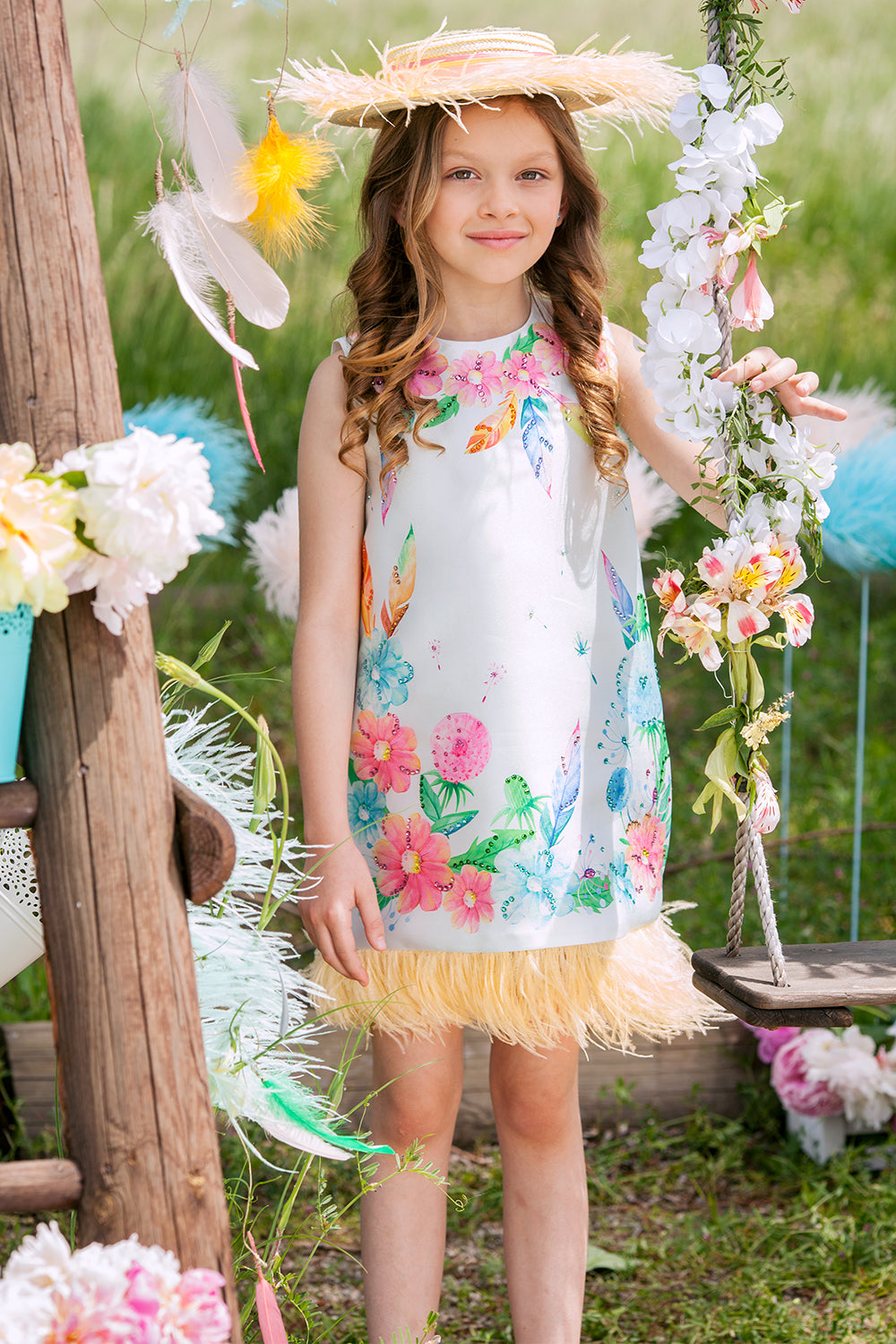 Dandelion dress with yellow feathers and Swarovski crystals