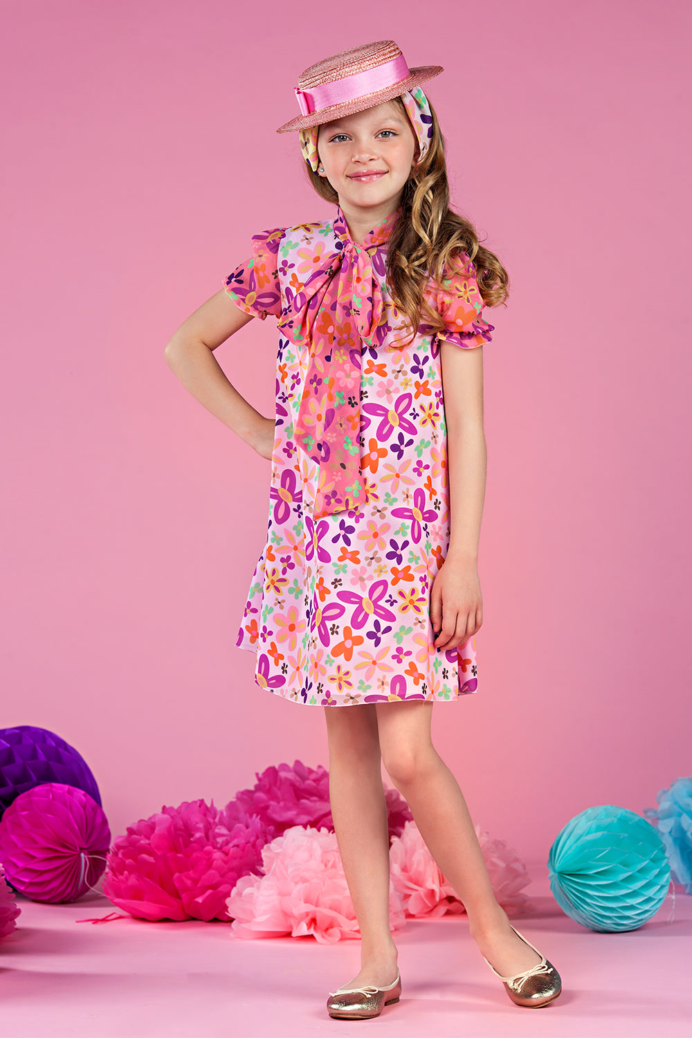 Pink floral chiffon dress with puffed sleeves and pussy bow