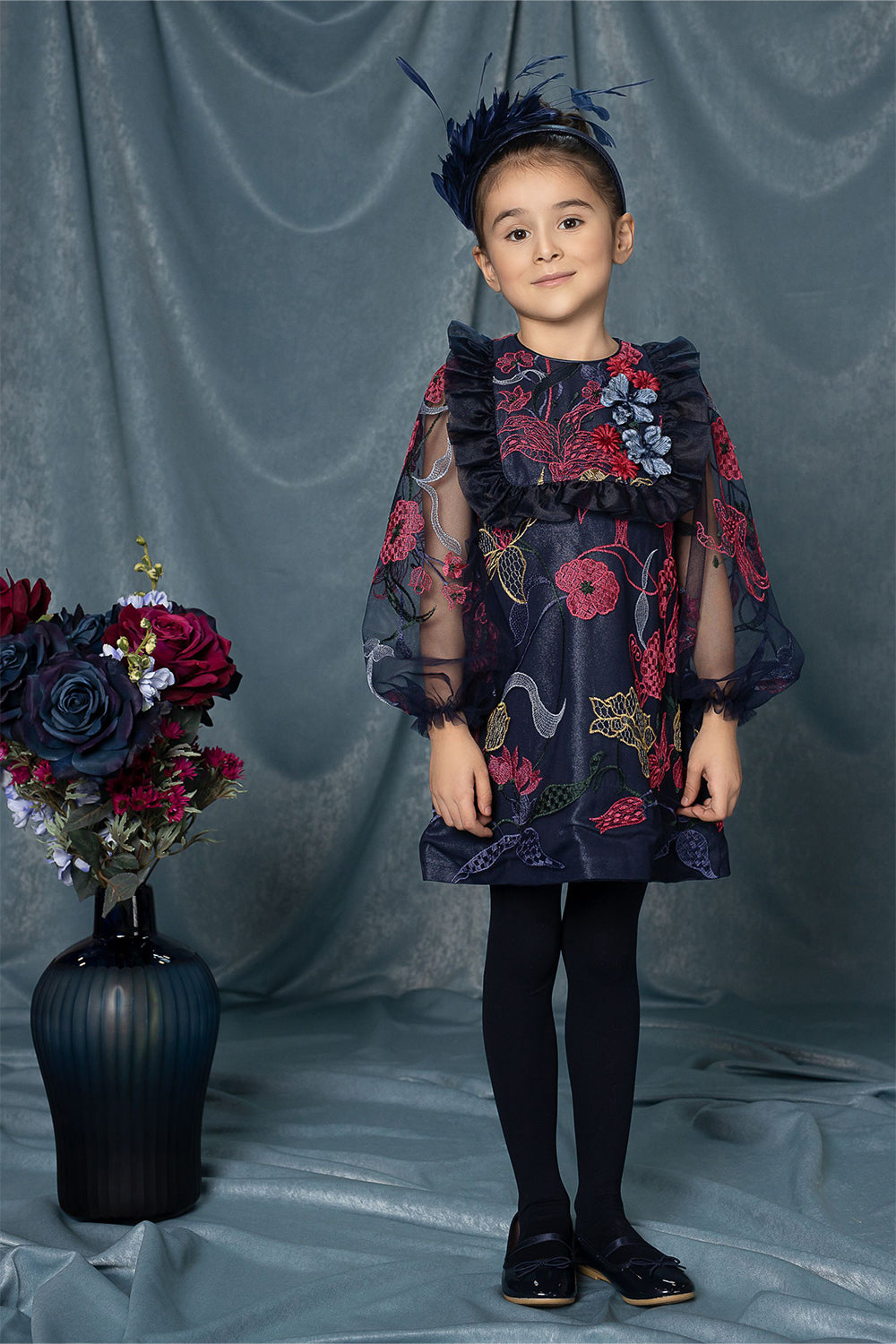 Dark blue floral dress with puff sleeves