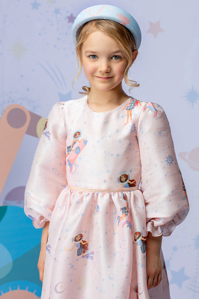 Soft pink Cosmic girls printed ankle length dress with long sleeves