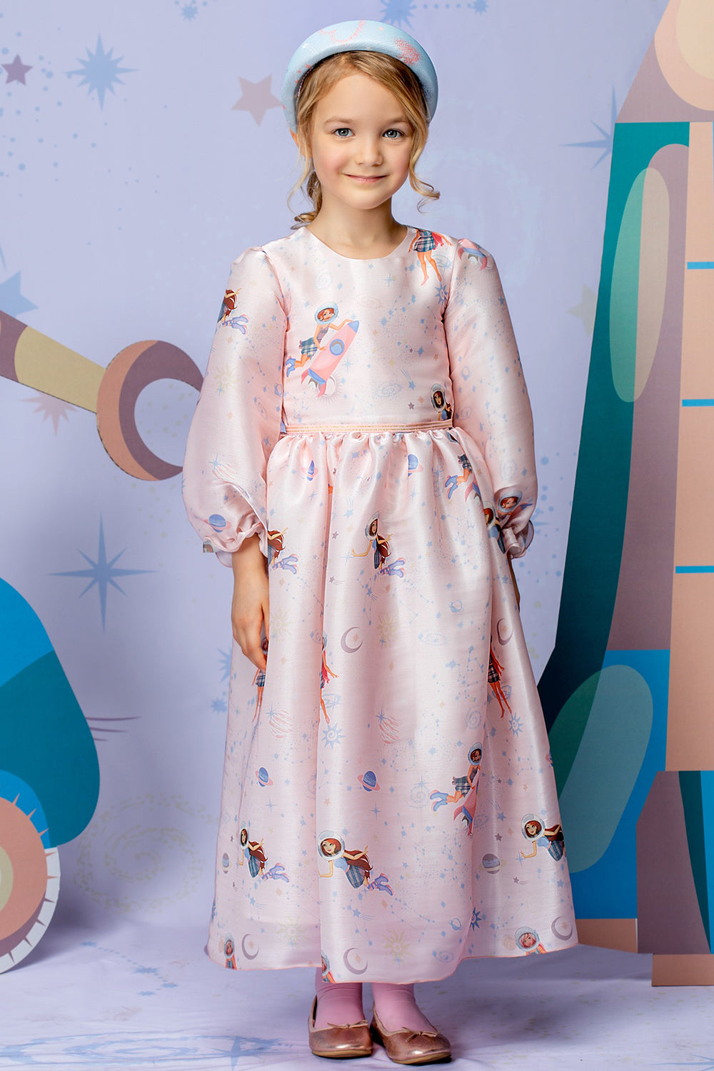 Soft pink Cosmic girls printed ankle length dress with long sleeves