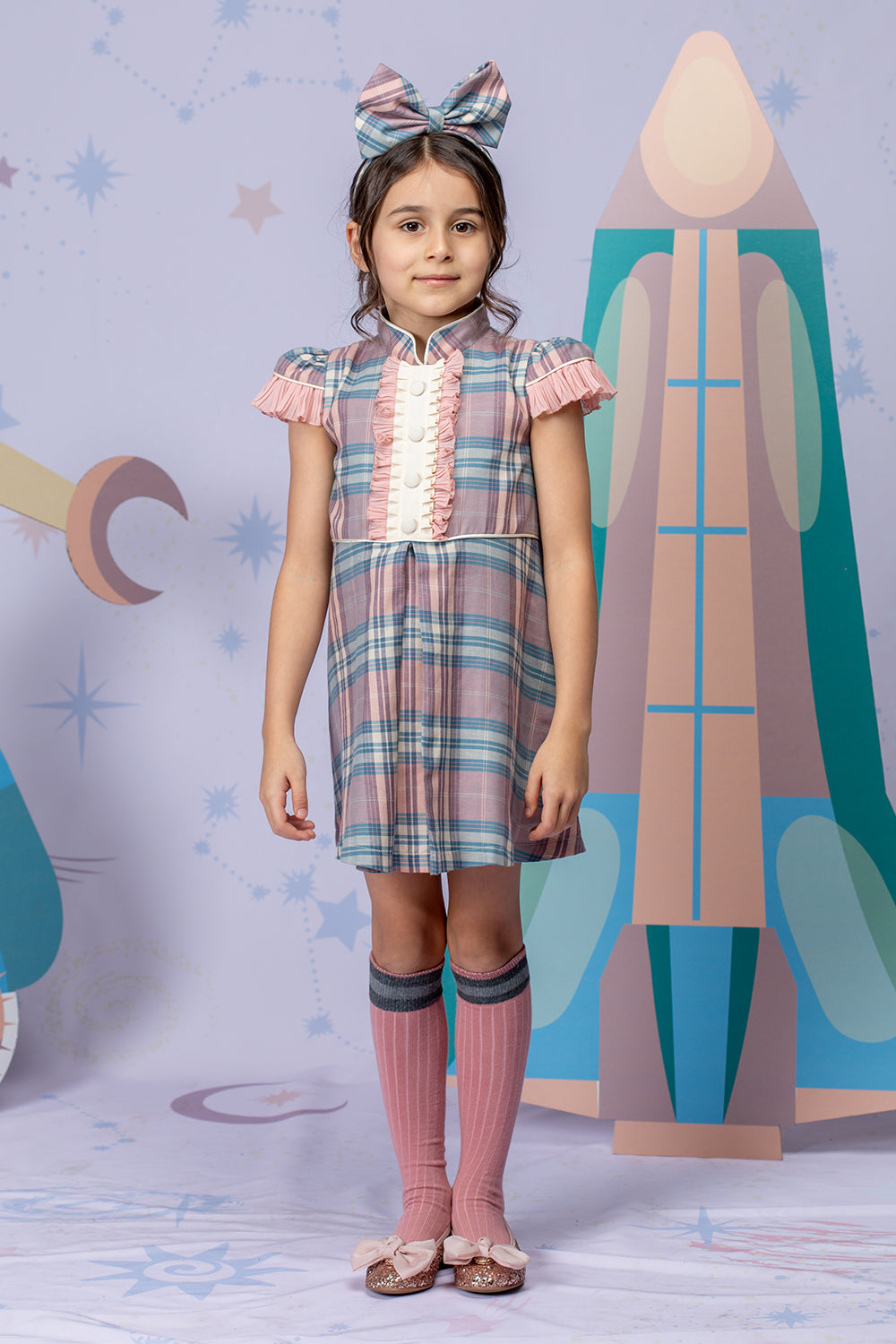 Pink and blue plaid cotton dress with frill