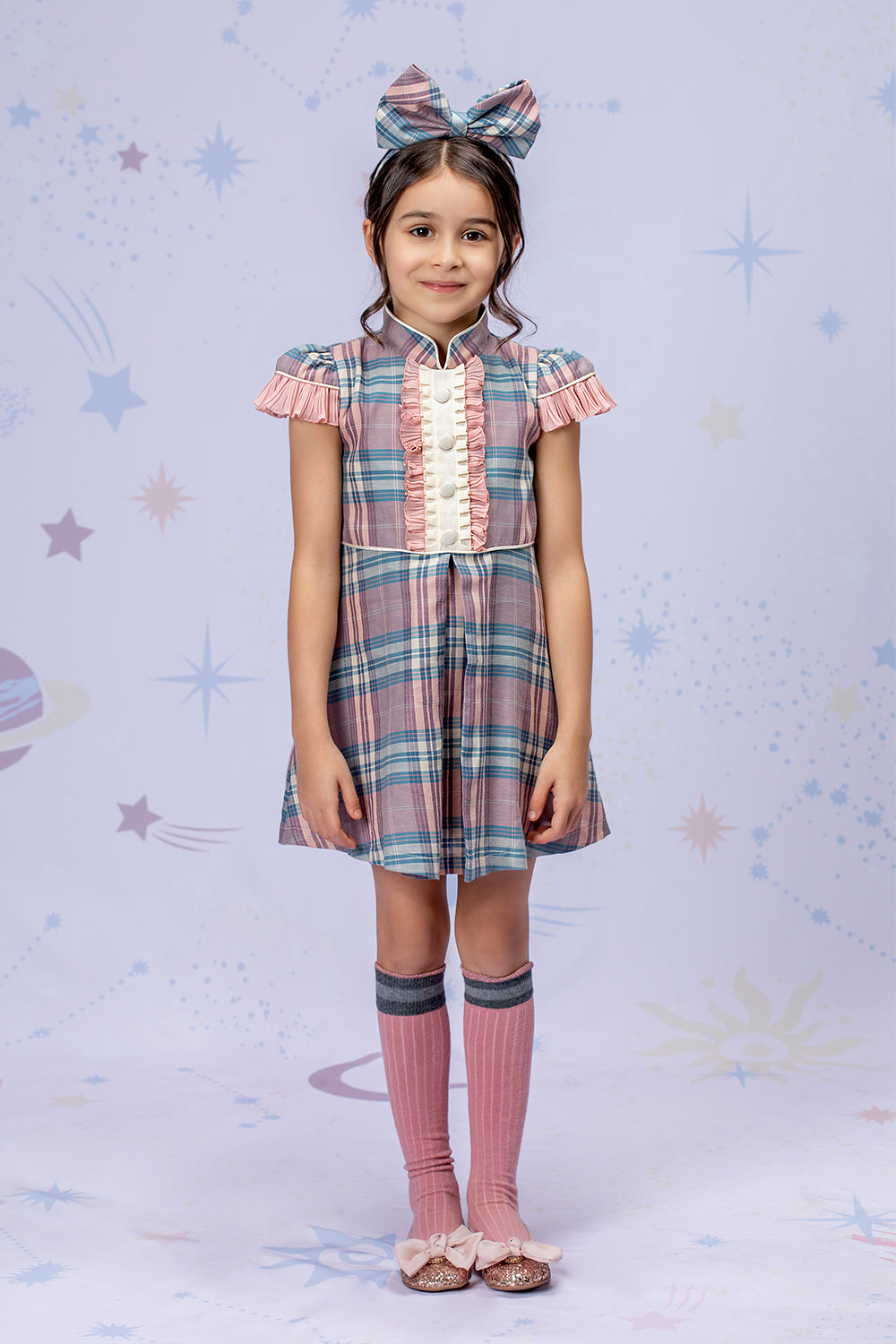 Pink and blue plaid cotton dress with frill