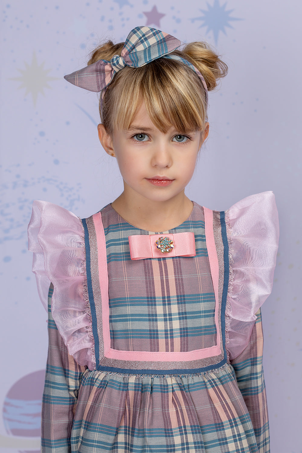 Pink and blue plaid dress with organza frills, big bow on the back and Swarovski button