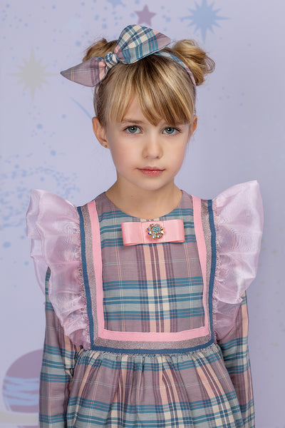 Pink and blue plaid dress with organza frills, big bow on the back and Swarovski button