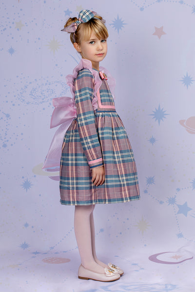 Pink and blue plaid dress with organza frills, big bow on the back and Swarovski button