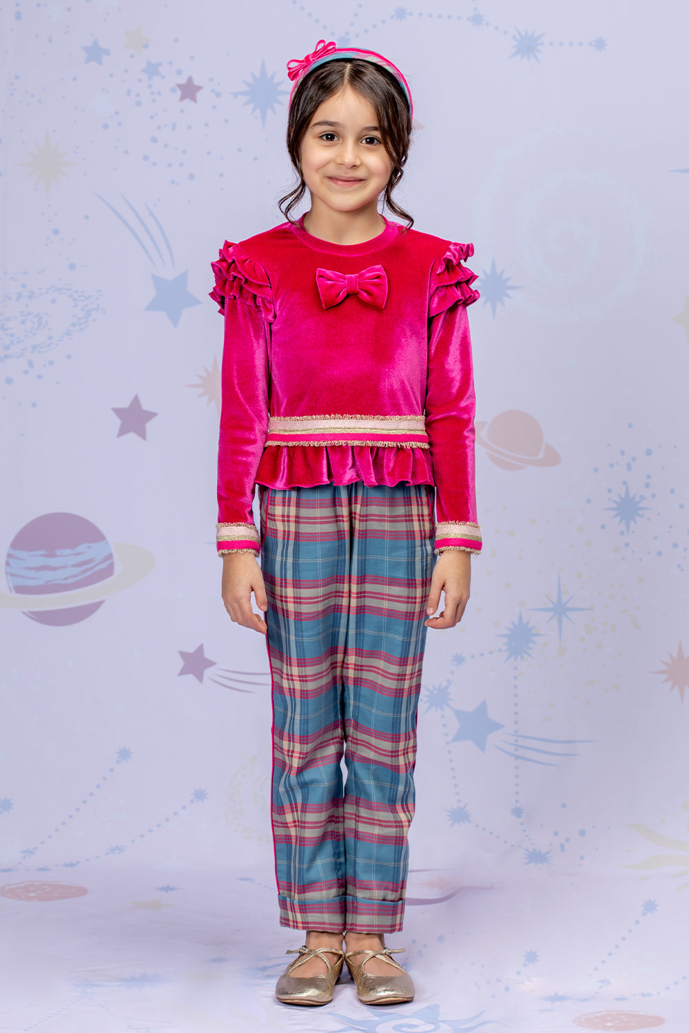 Velvet fuchsia top and plaid trousers set