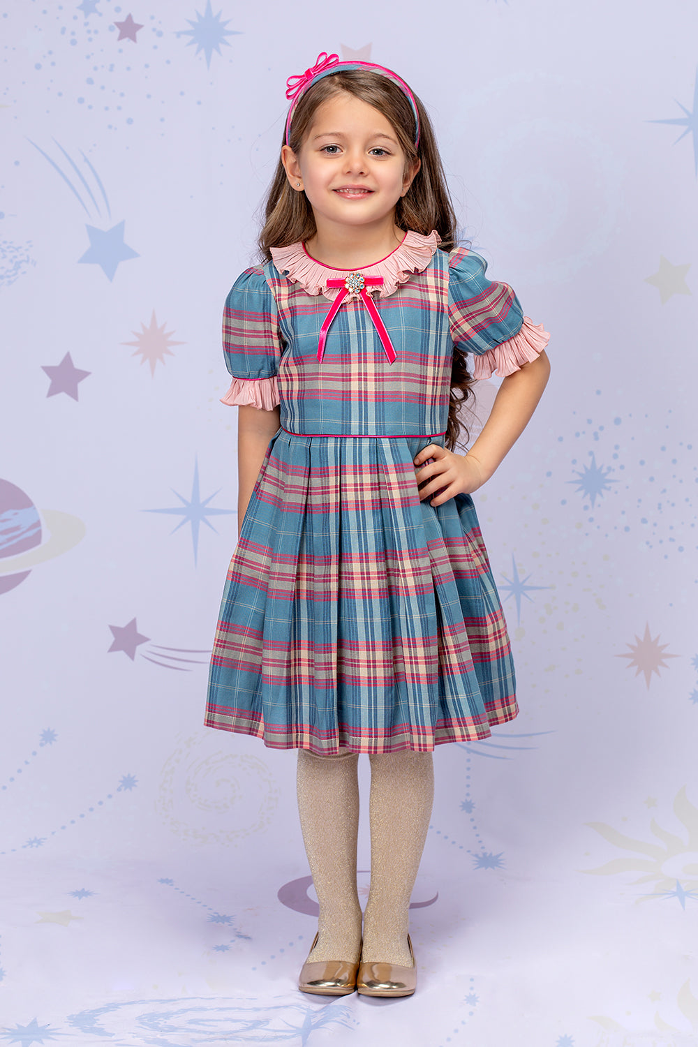 Plaid fuchsia and blue dress with Swarovski button and bow