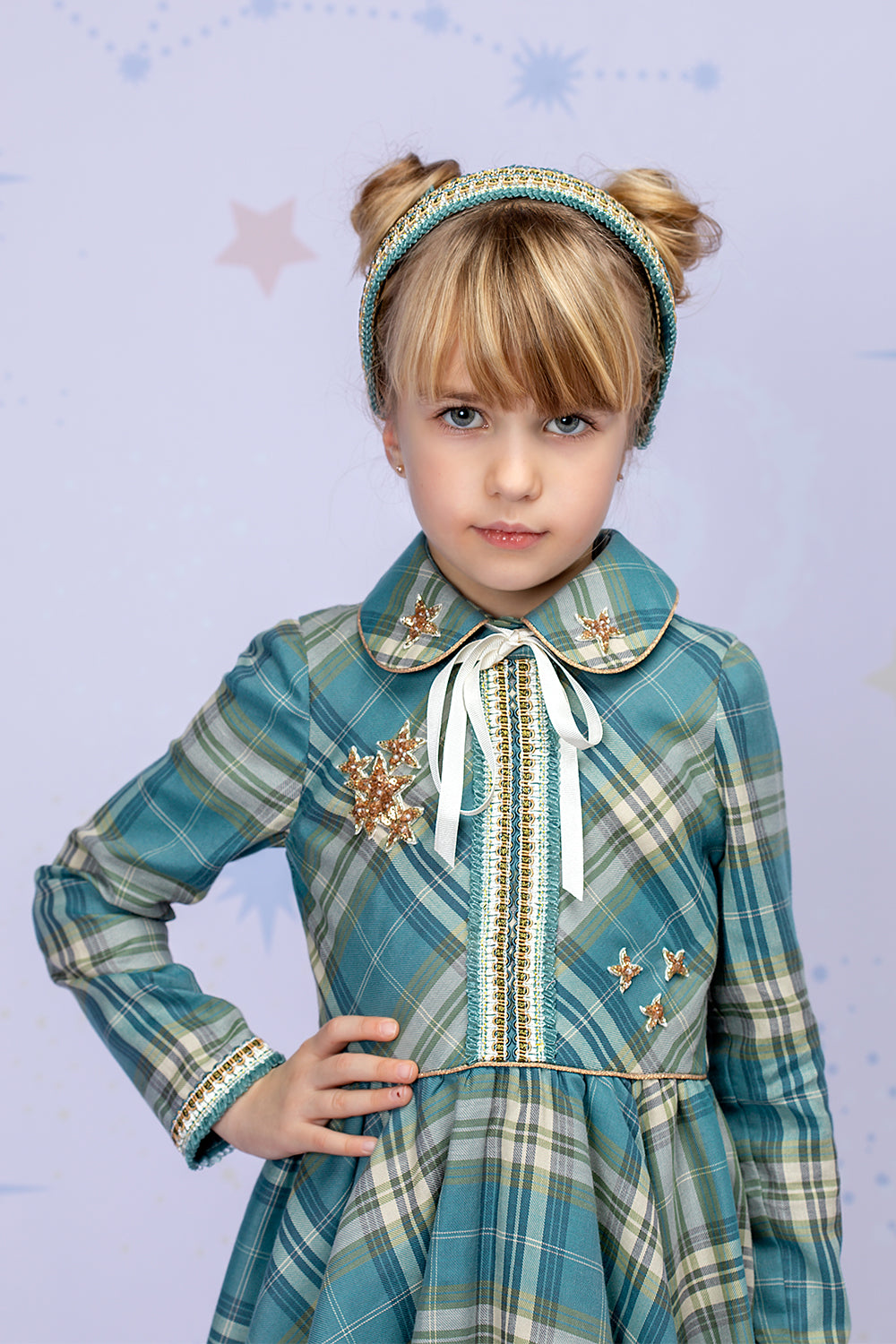 Plaid green and blue dress with a collar and handmade stars embellishments