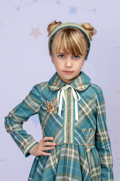 Plaid green and blue dress with a collar and handmade stars embellishments