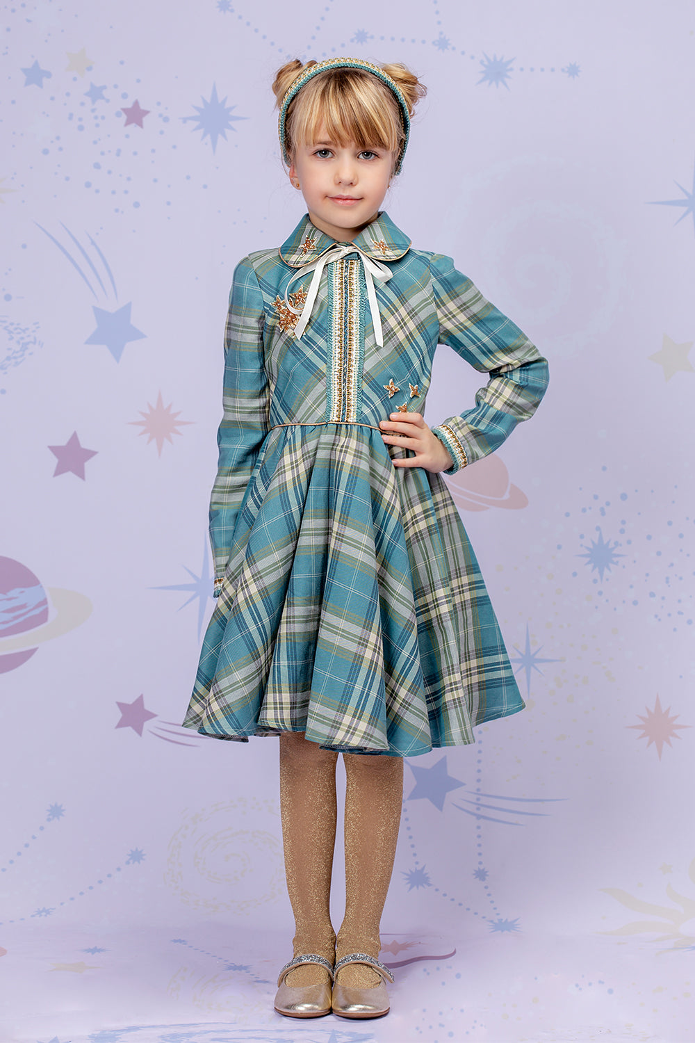 Plaid green and blue dress with a collar and handmade stars embellishments