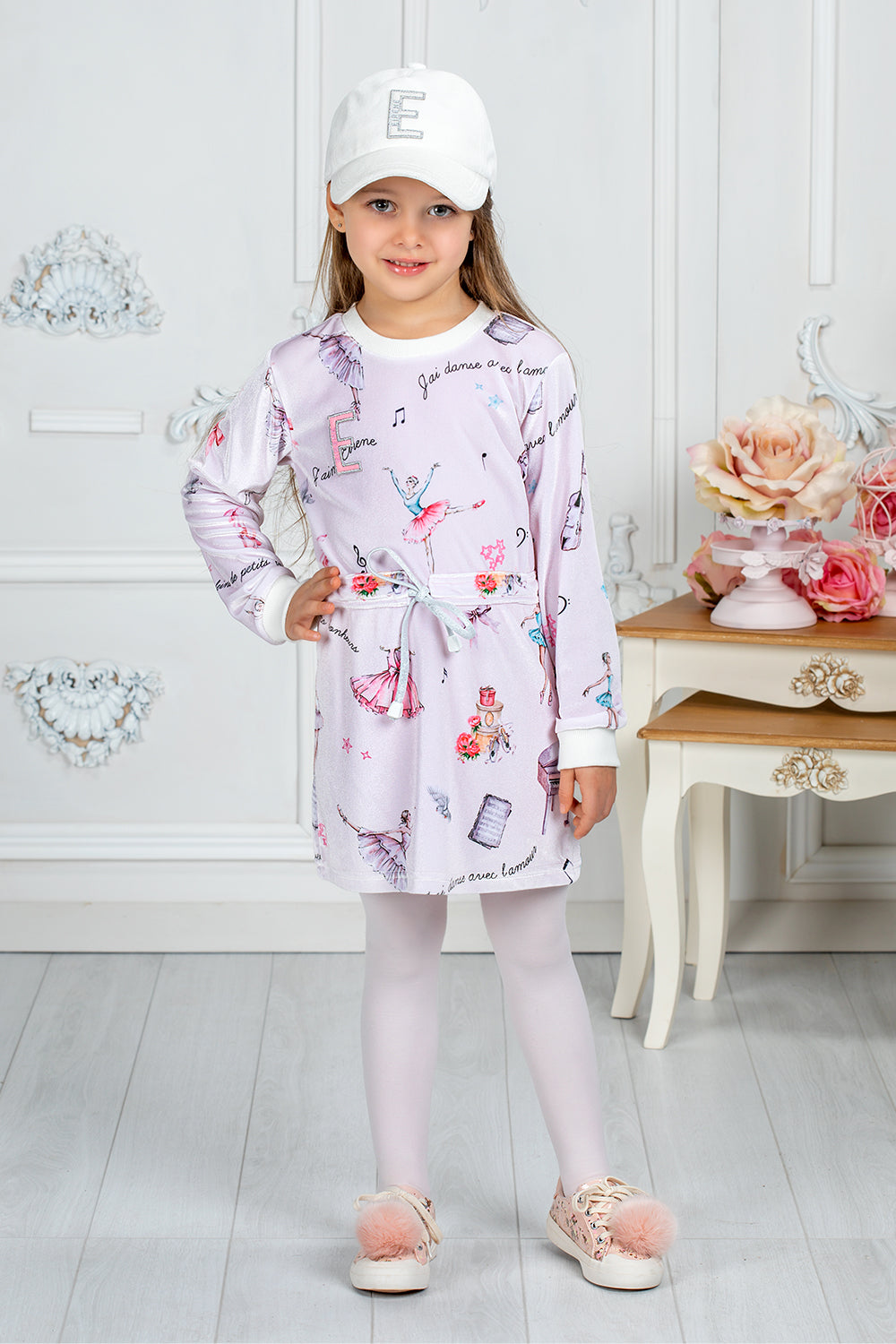 Velvet tunic with ballet print and adjustable waist
