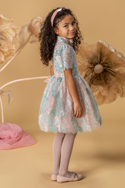 Pink and seafoam green lace dress with collar with floral jewels