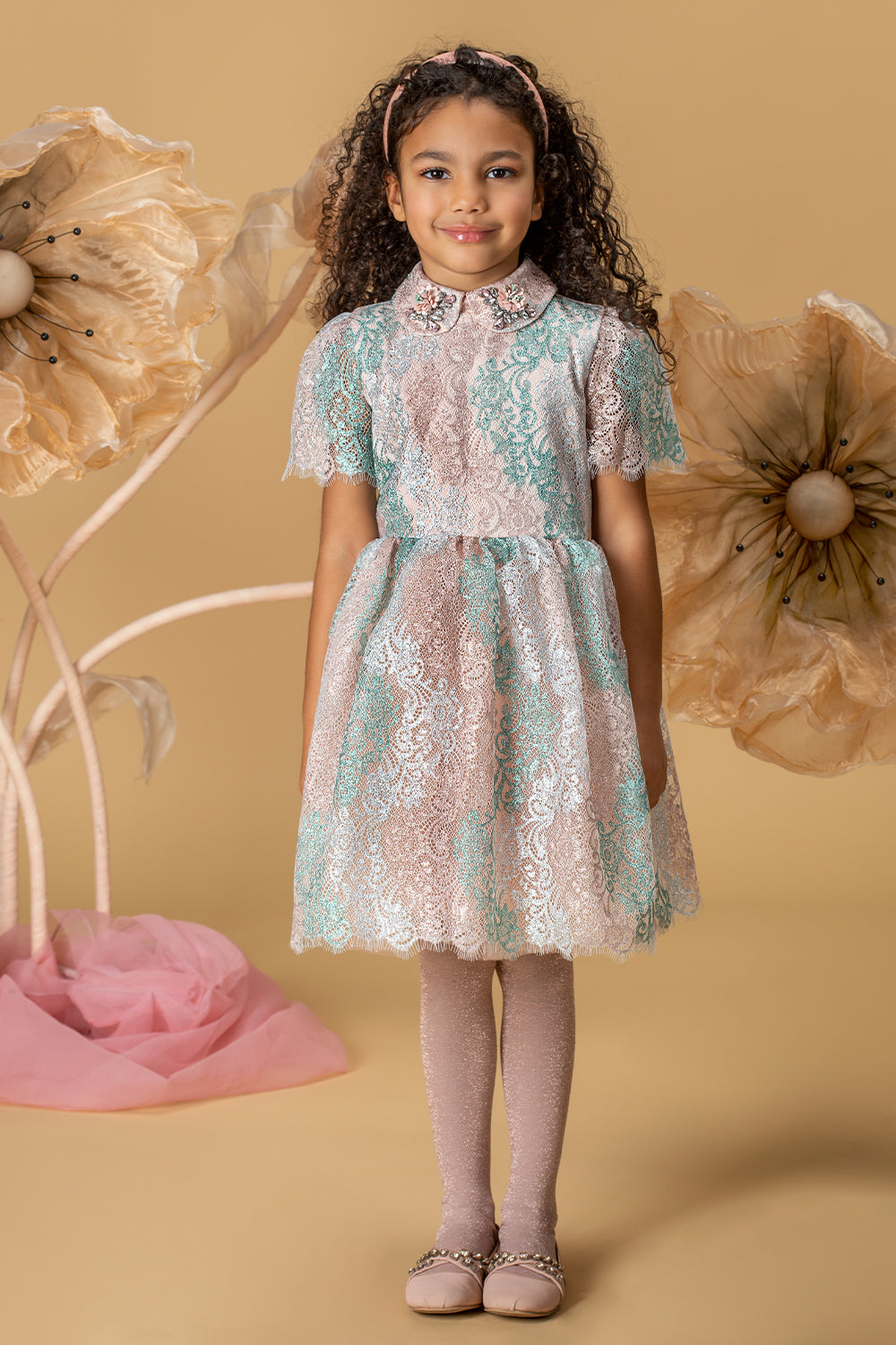 Pink and seafoam green lace dress with collar with floral jewels