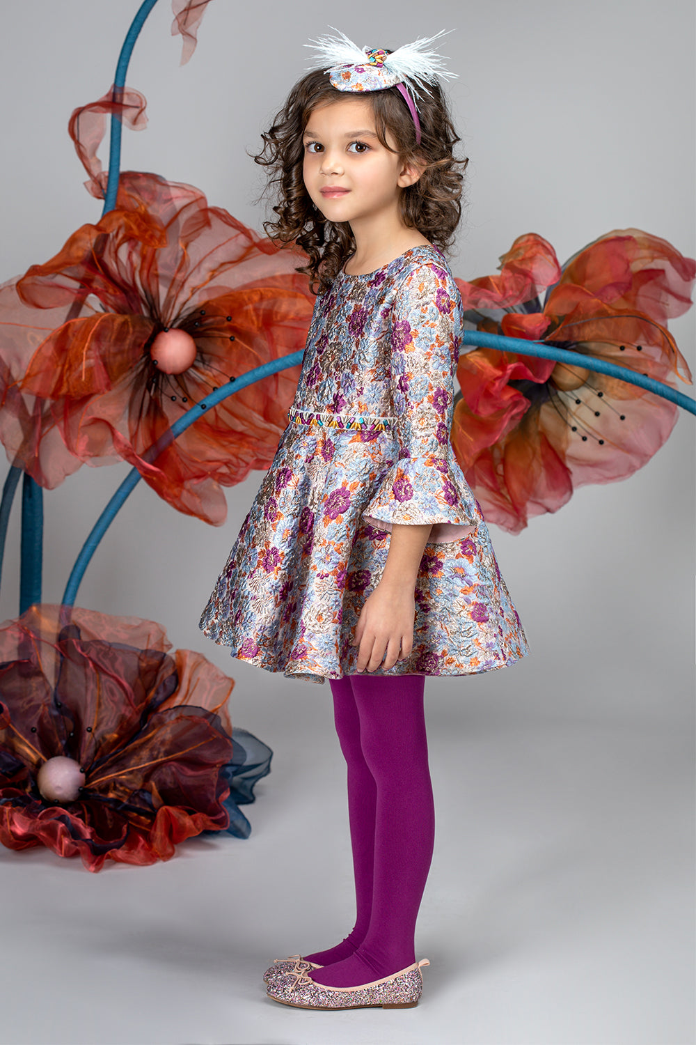 Shimmering purple, lilac and orange jacquard dress