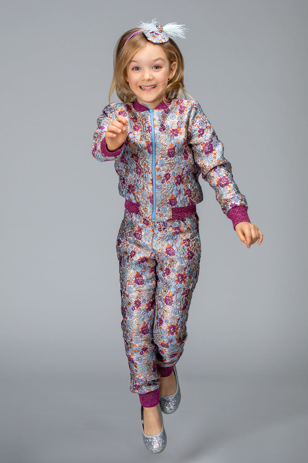 Shimmering purple, lilac and orange jacquard tracksuit