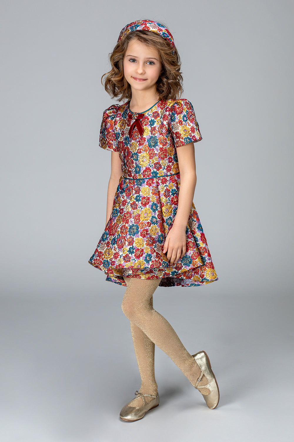 Shimmering red, blue and yellow asymmetrical jacquard dress