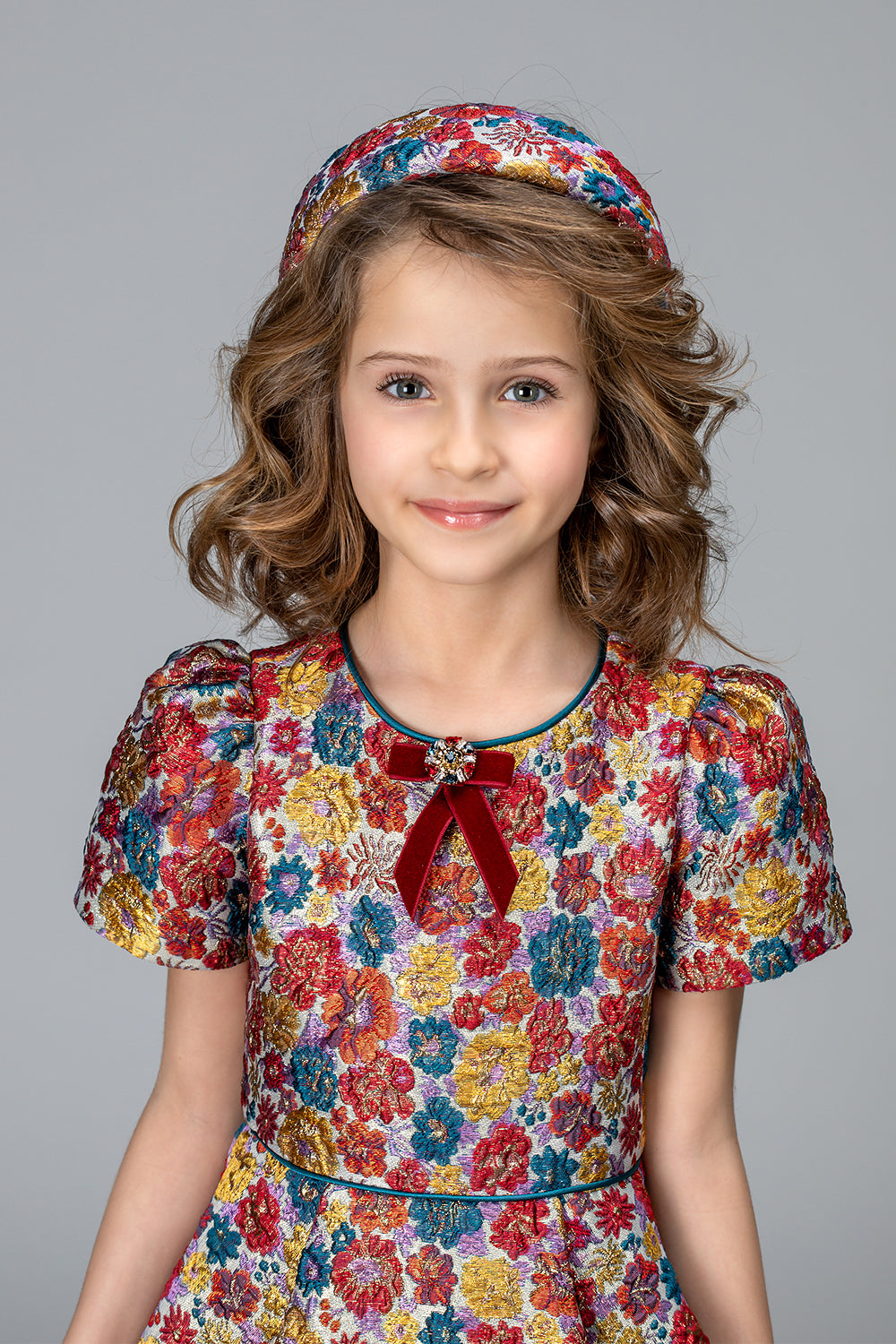 Shimmering red, blue and yellow asymmetrical jacquard dress