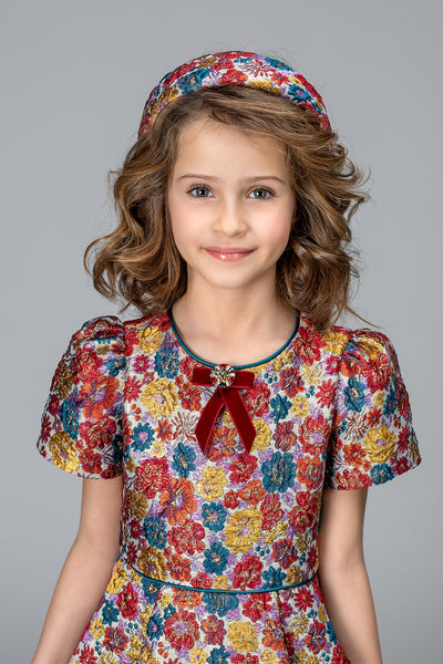Shimmering red, blue and yellow asymmetrical jacquard dress