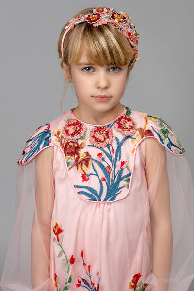 Light pink embroidered floral lace dress with long tulle sleeves