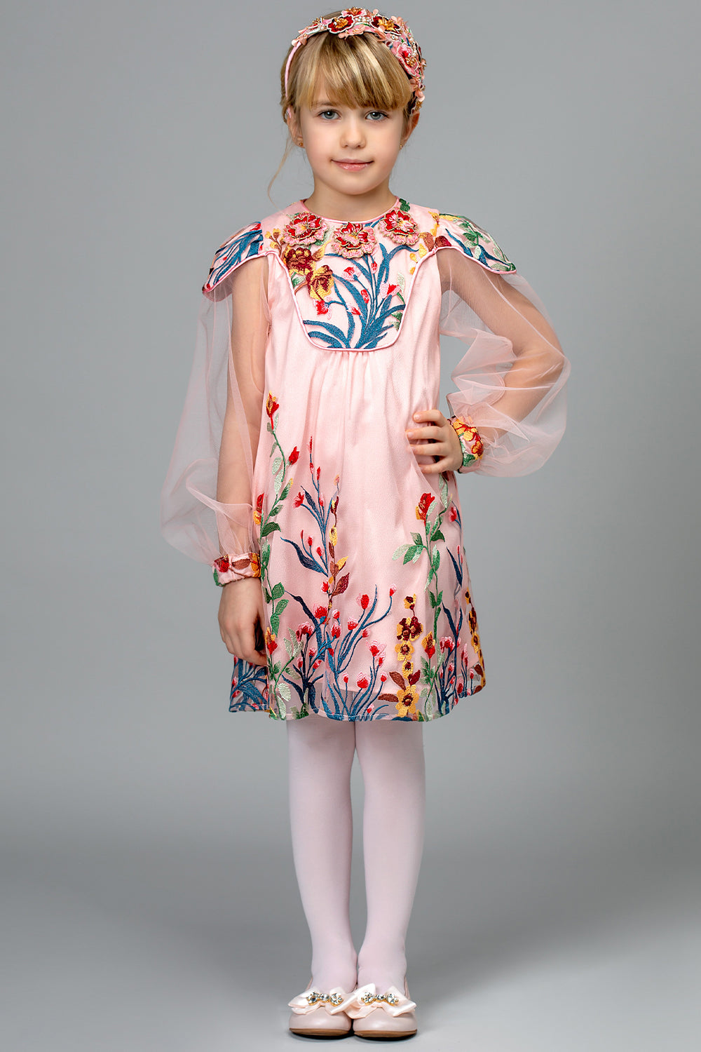 Light pink embroidered floral lace dress with long tulle sleeves