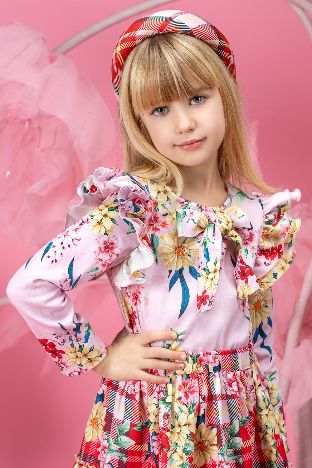 Light pink printed floral cotton shirt with frills