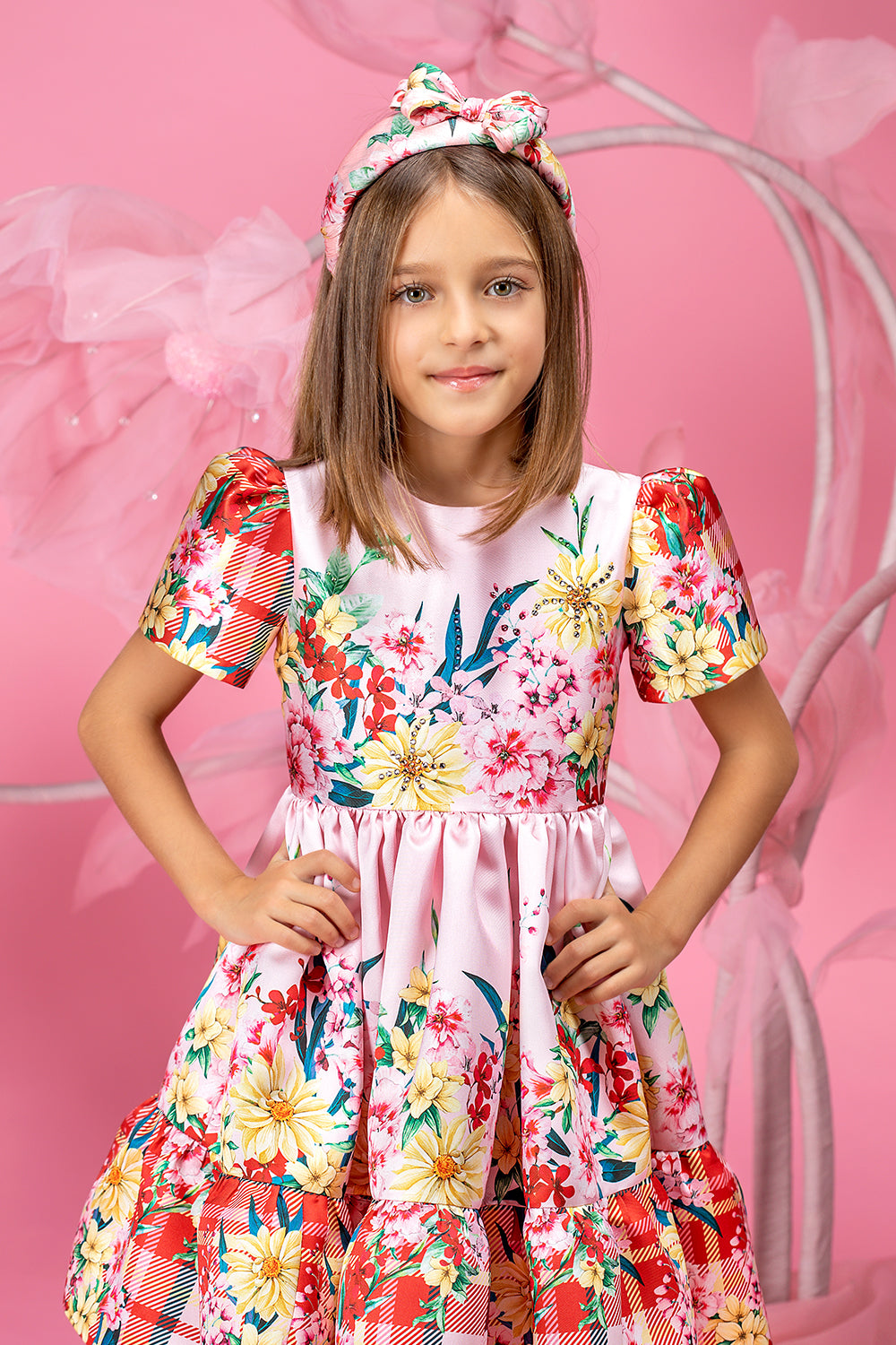 Pink printed floral dress with Swarovski crystals