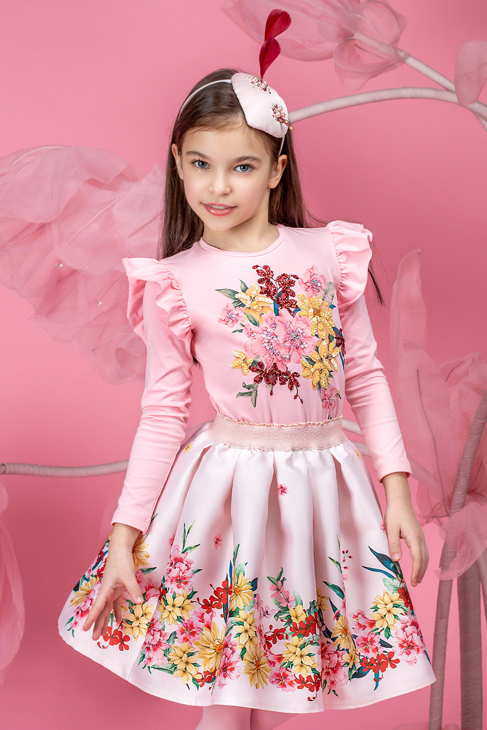 Pink floral t-shirt with handmade embellishments