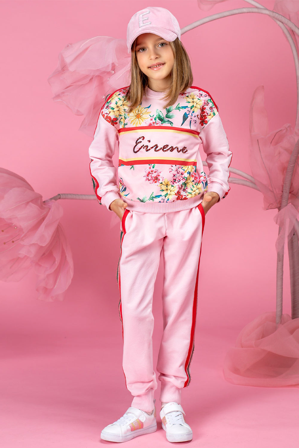 Pink floral tracksuit with handmade embellishments